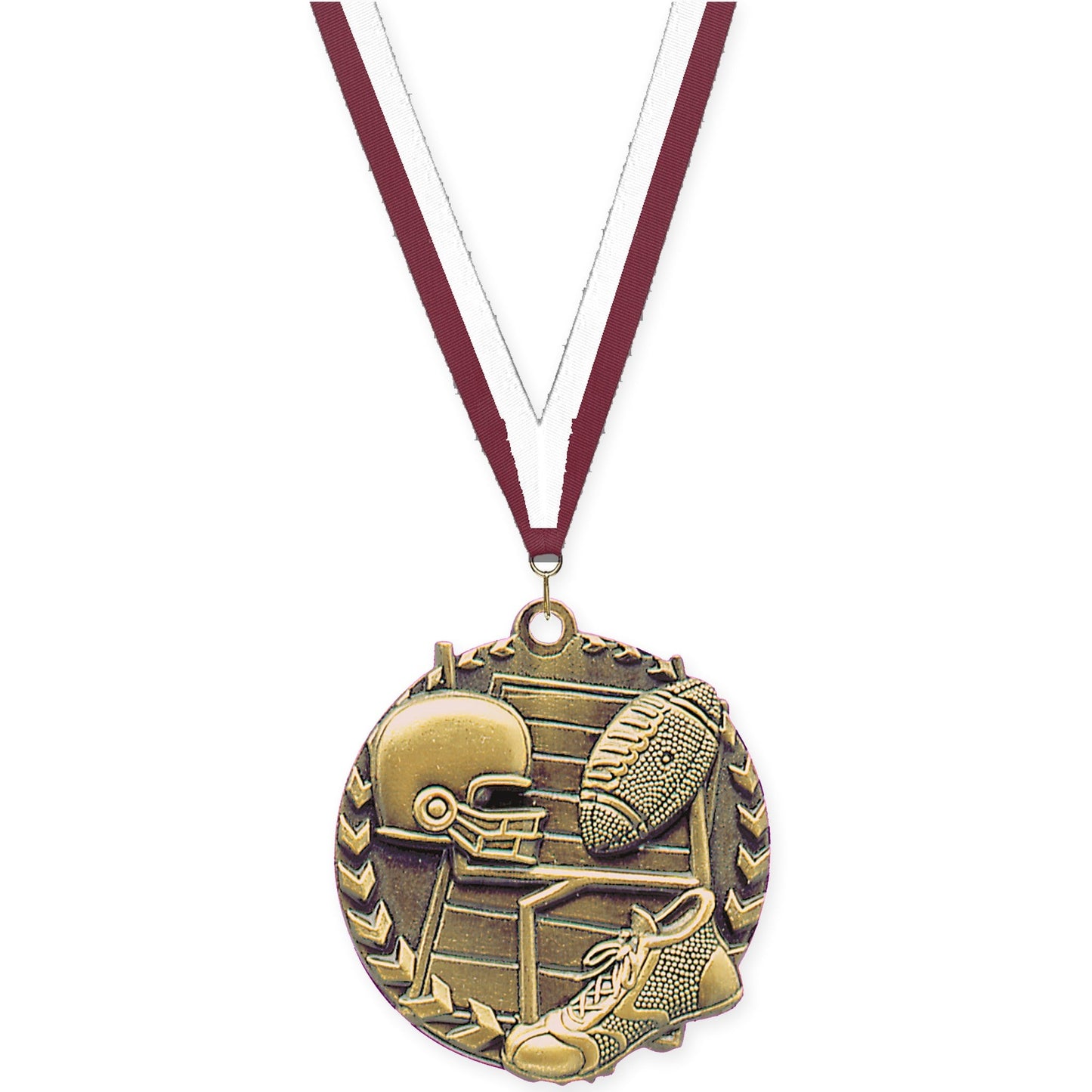 1 3/4 inch football Millennium medal in bright gold with Maroon White neck ribbon