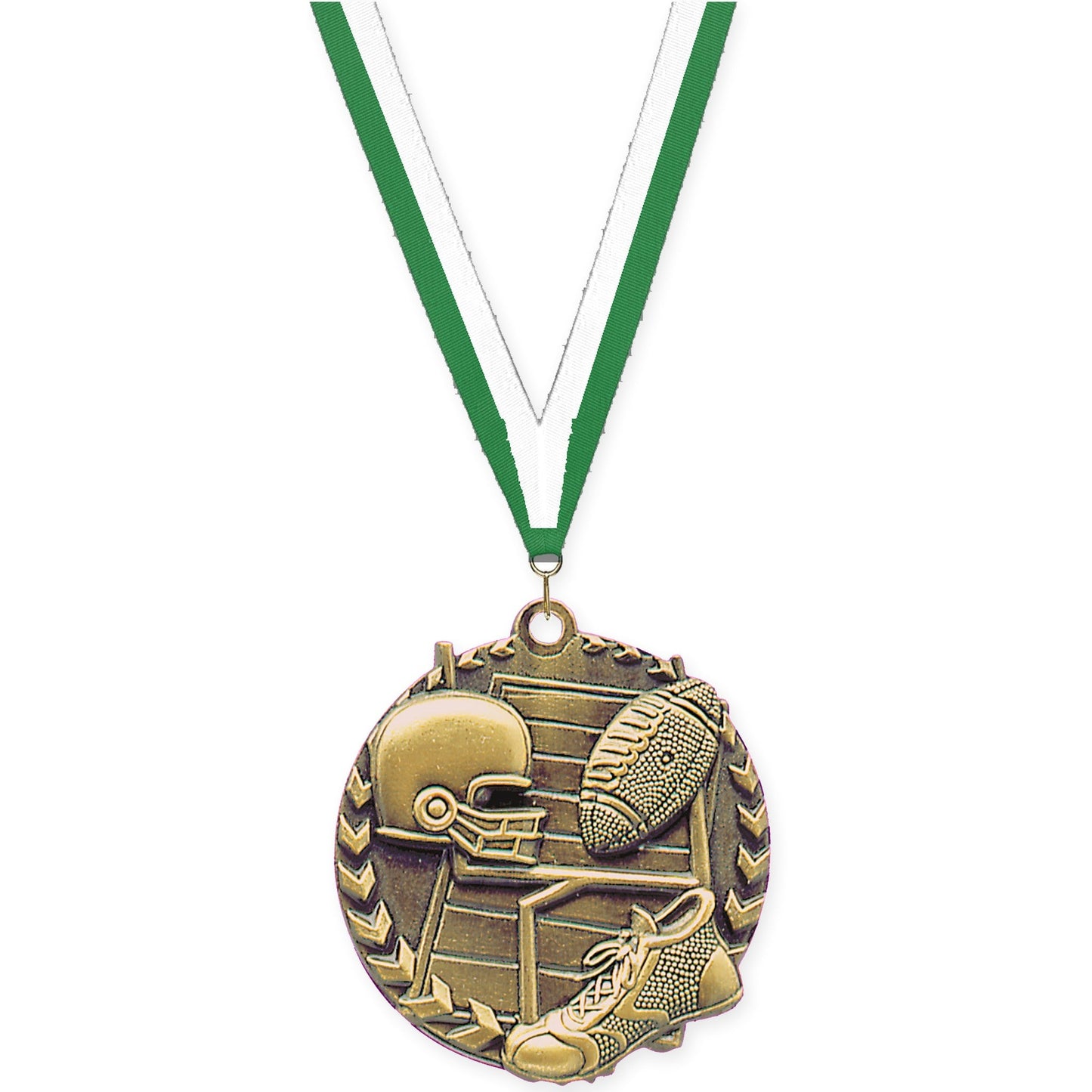 1 3/4 inch football Millennium medal in bright gold with Green White neck ribbon