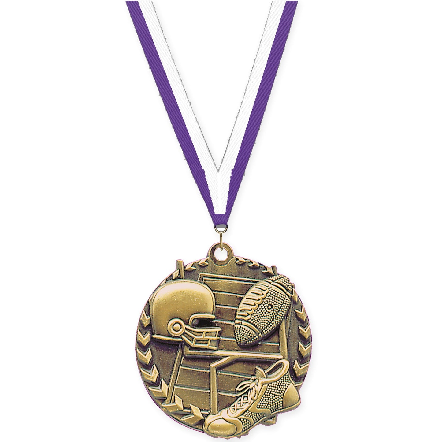 1 3/4 inch football Millennium medal in bright gold with Purple White neck ribbon
