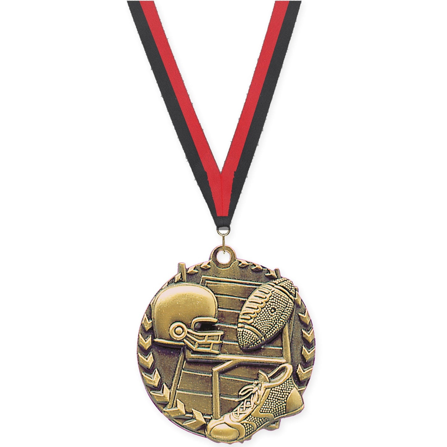 1 3/4 inch football Millennium medal in bright gold with Black Red neck ribbon