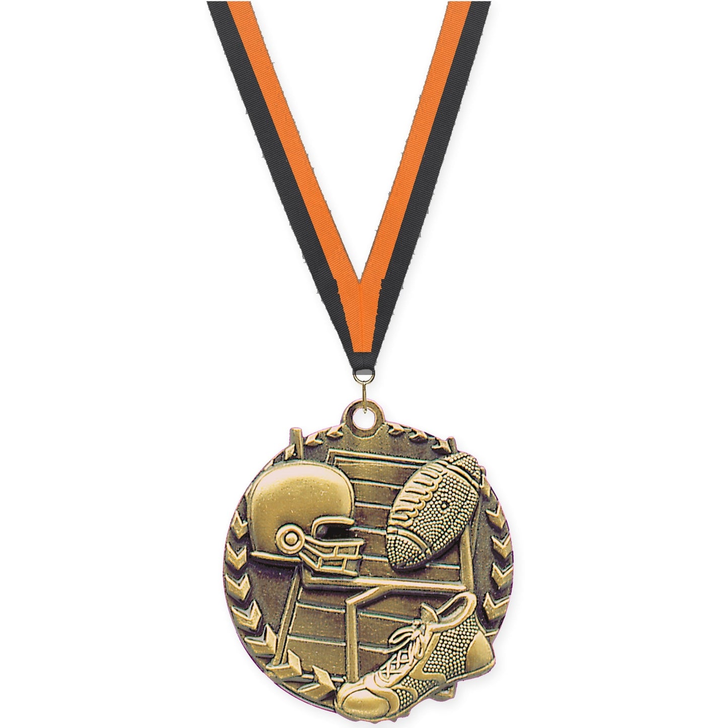 1 3/4 inch football Millennium medal in bright gold with Black Orange neck ribbon