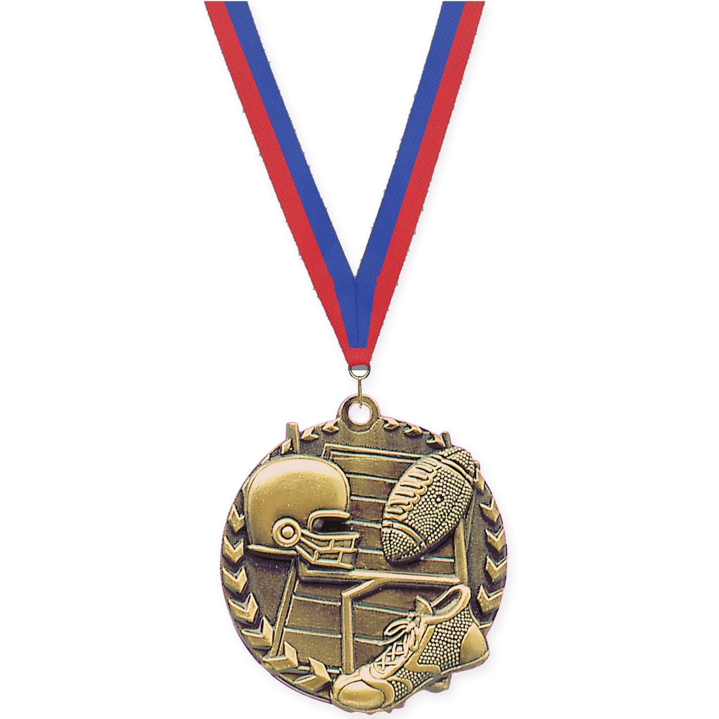1 3/4 inch football Millennium medal in bright gold with Blue Red neck ribbon