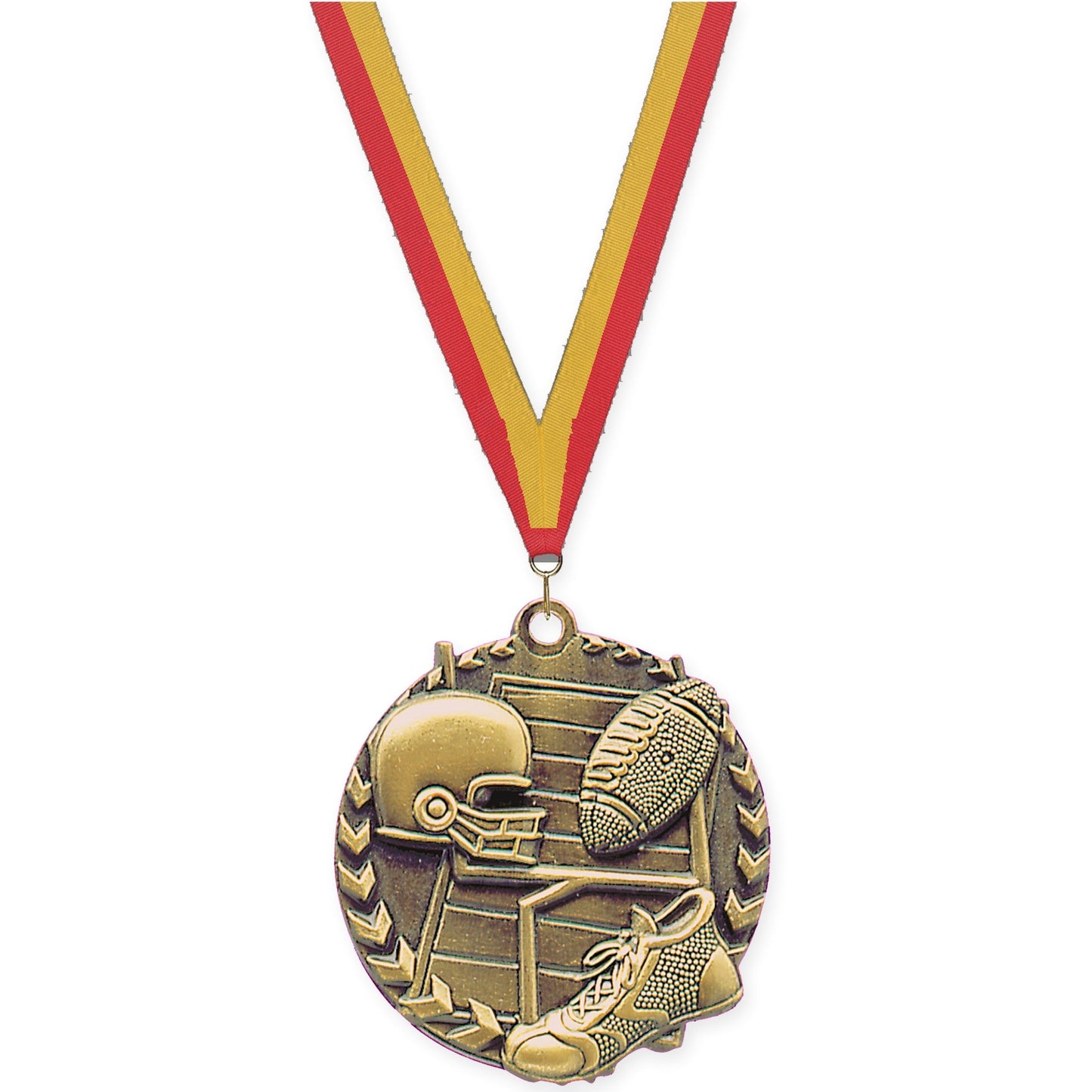 1 3/4 inch football Millennium medal in bright gold with Red Gold neck ribbon
