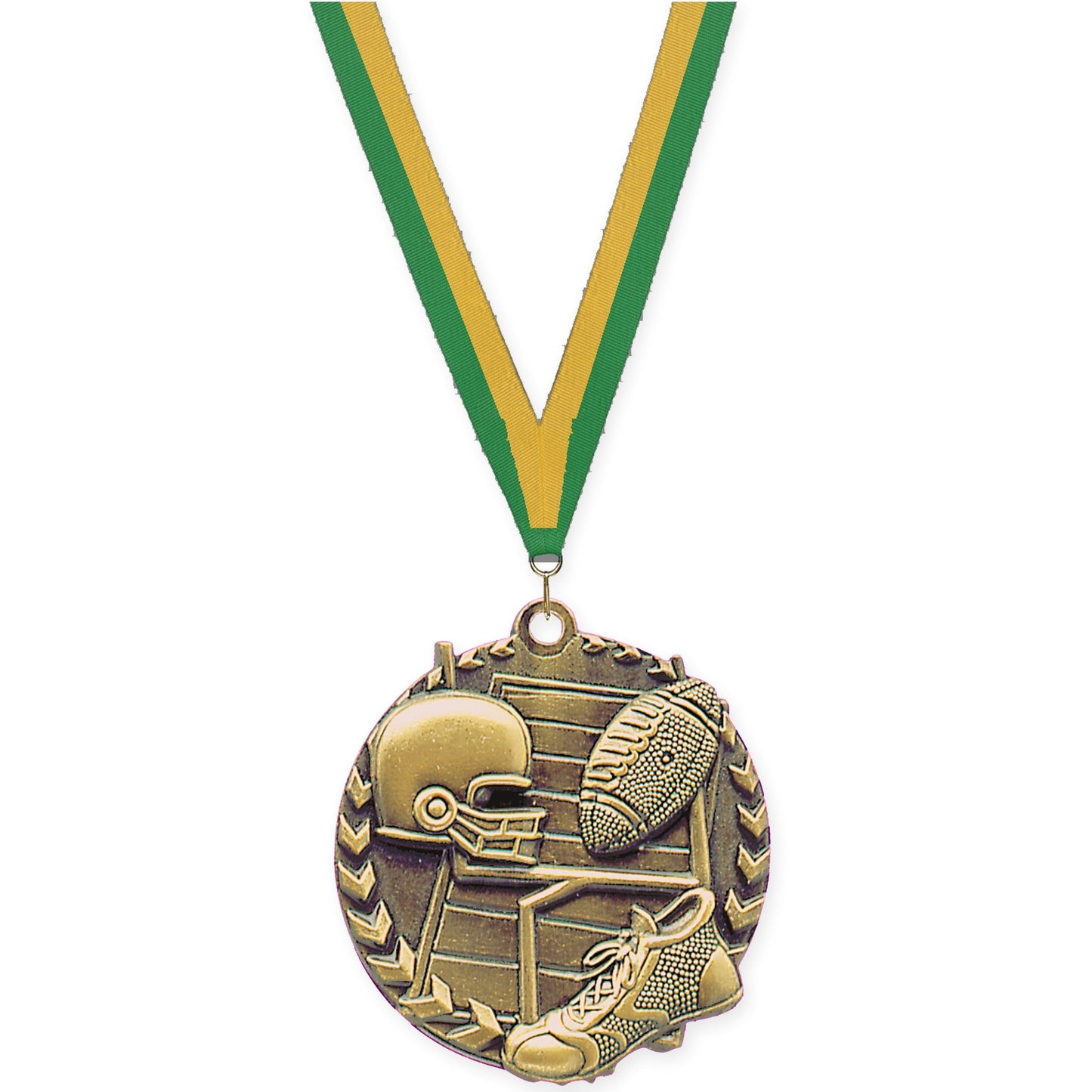 1 3/4 inch football Millennium medal in bright gold with Green Gold neck ribbon