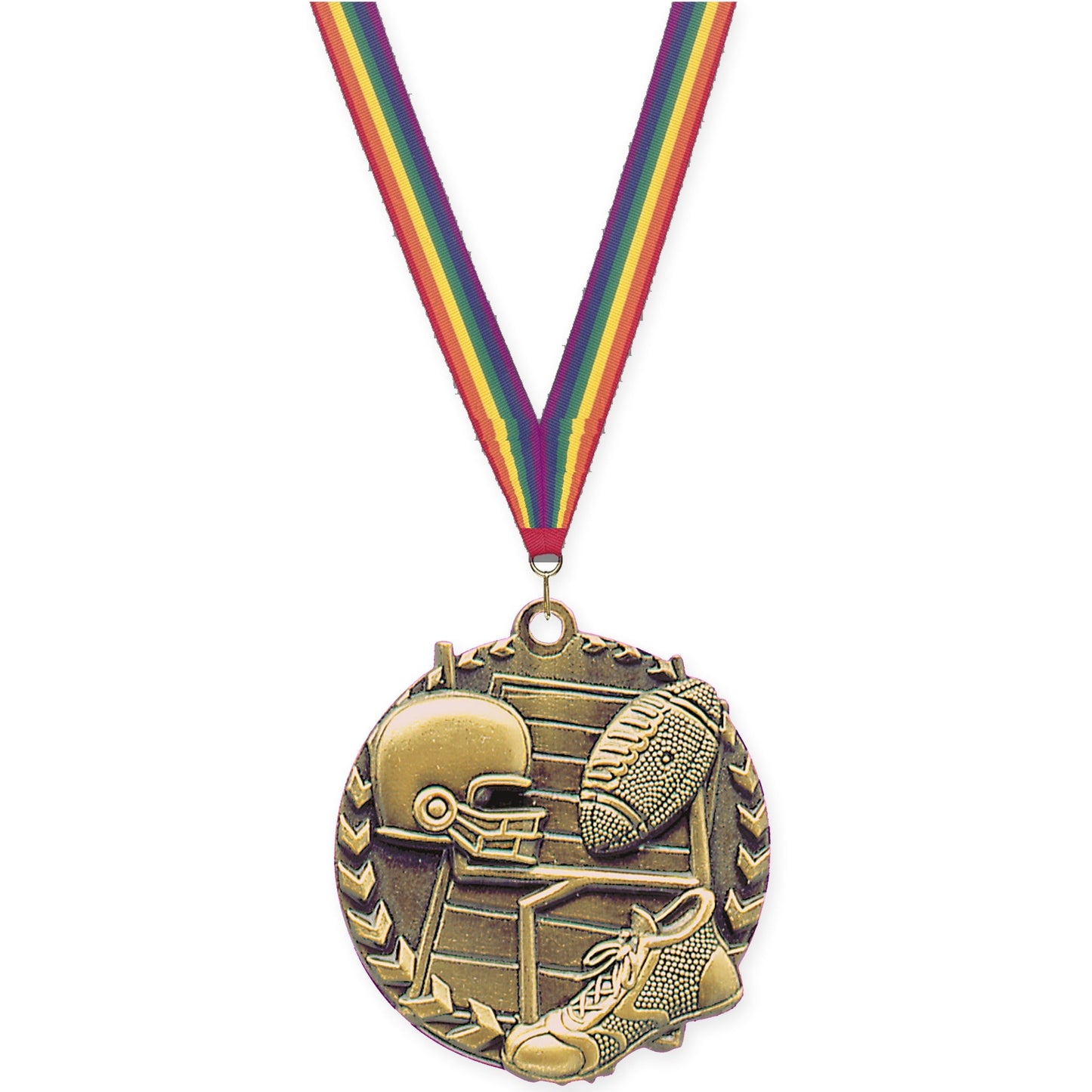 1 3/4 inch football Millennium medal in bright gold with Rainbow neck ribbon