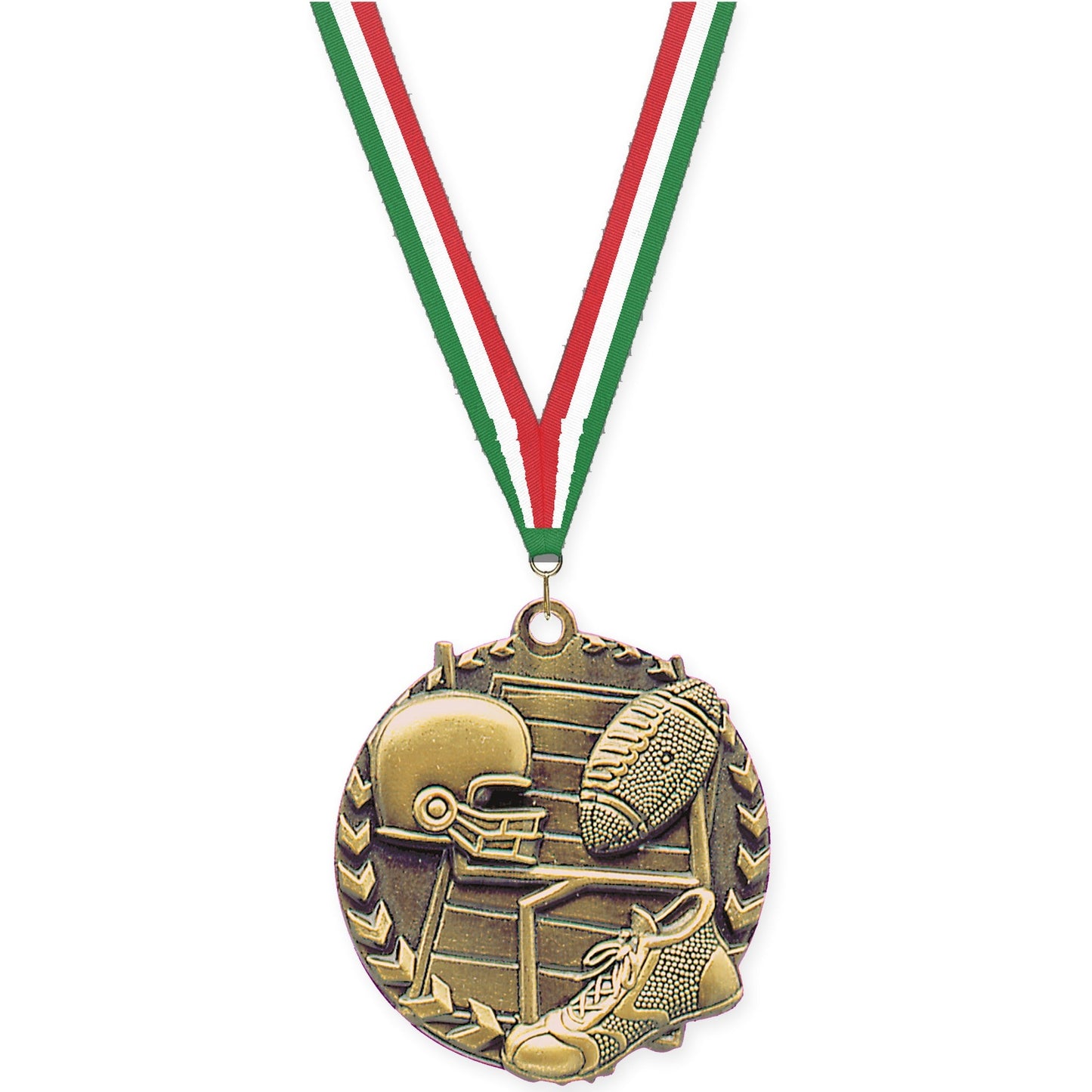 1 3/4 inch football Millennium medal in bright gold with Green White Red neck ribbon