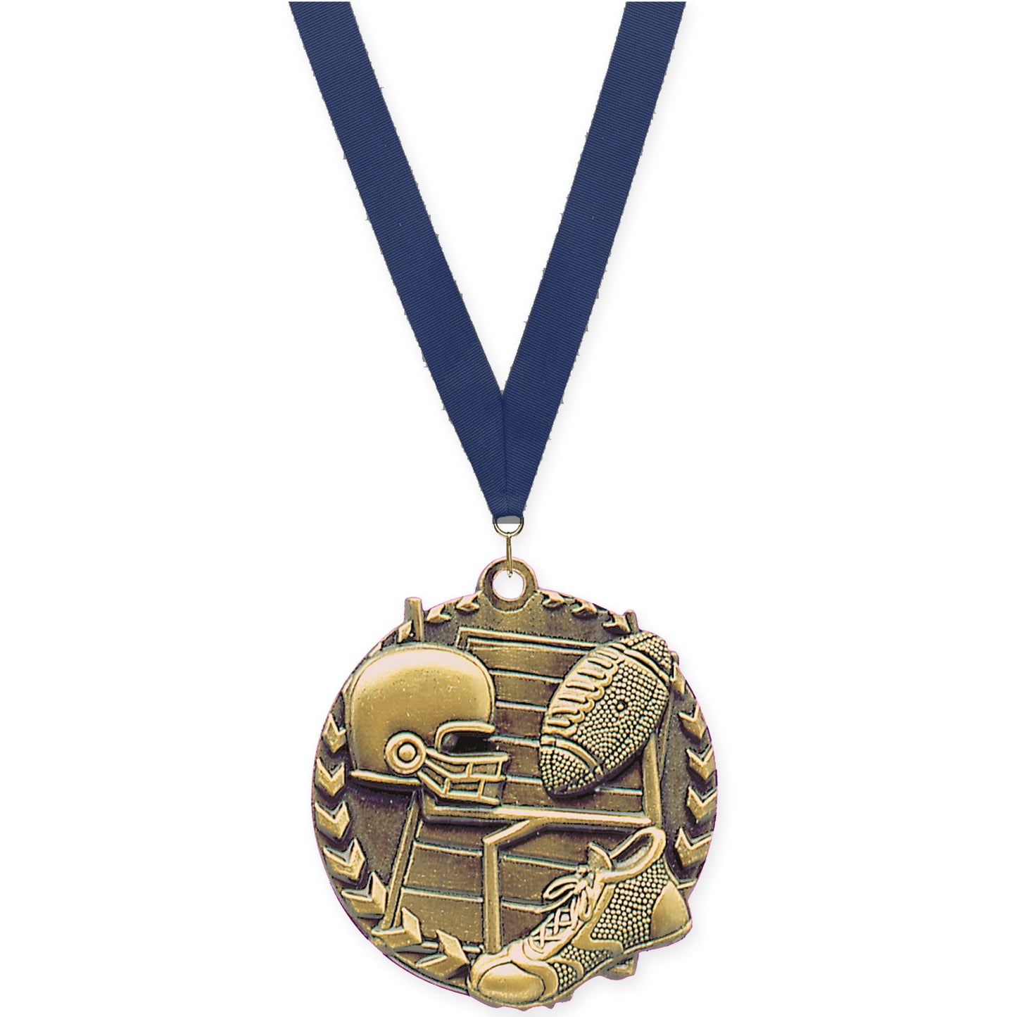 1 3/4 inch football Millennium medal in bright gold with Navy neck ribbon