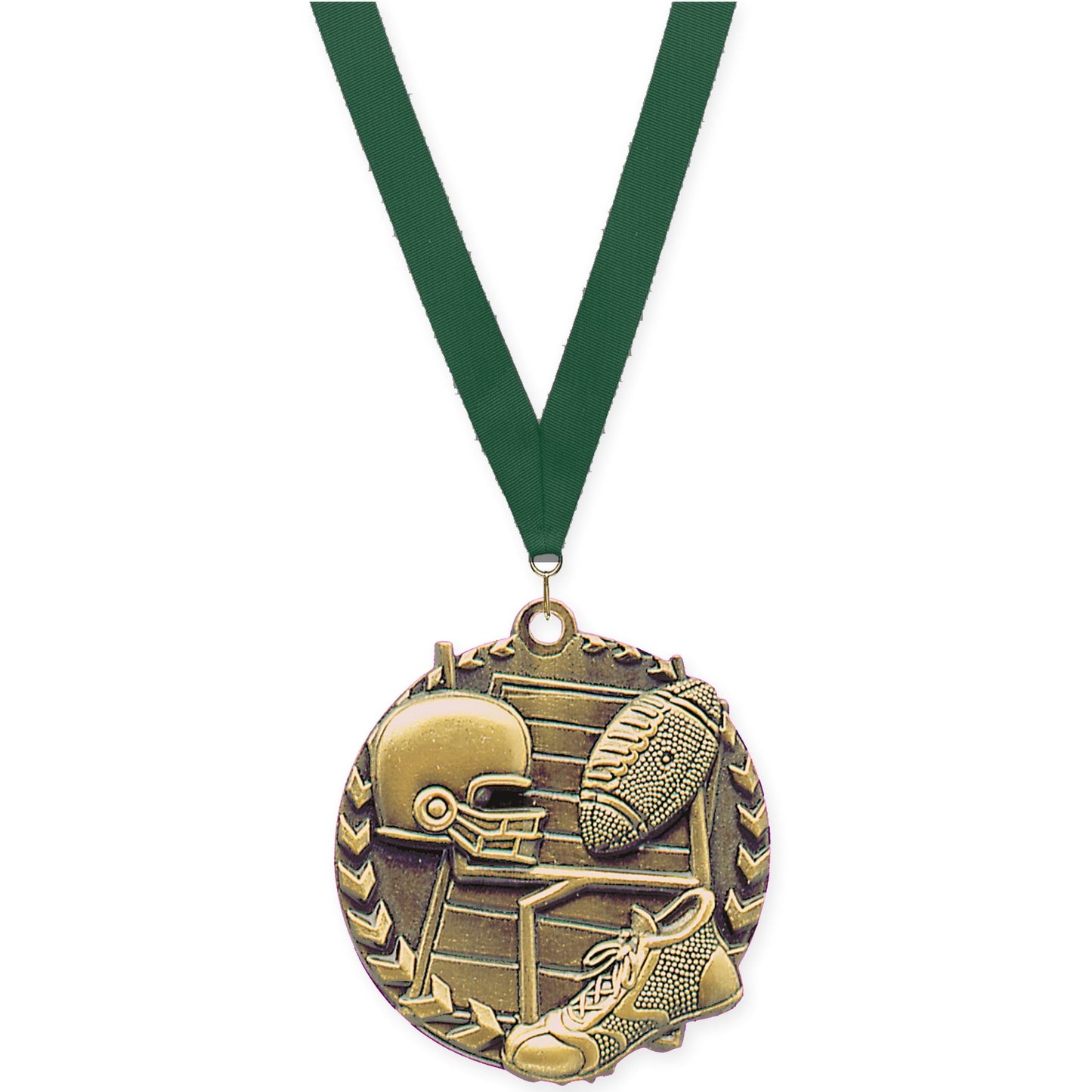 1 3/4 inch football Millennium medal in bright gold with Hunter Green neck ribbon
