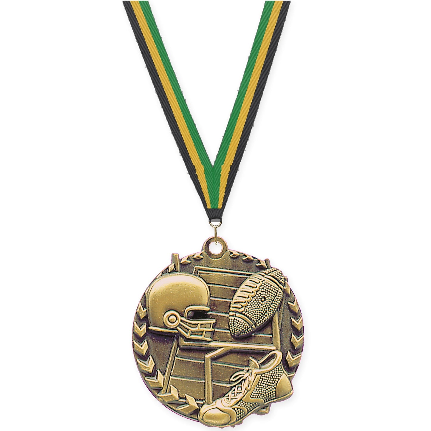 1 3/4 inch football Millennium medal in bright gold with Black Gold Green neck ribbon