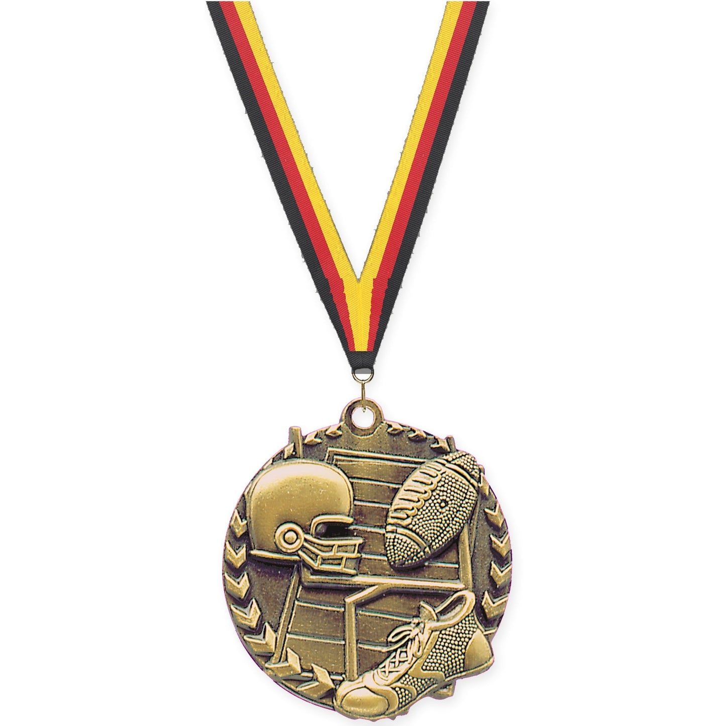 1 3/4 inch football Millennium medal in bright gold with Black Red Yellow neck ribbon