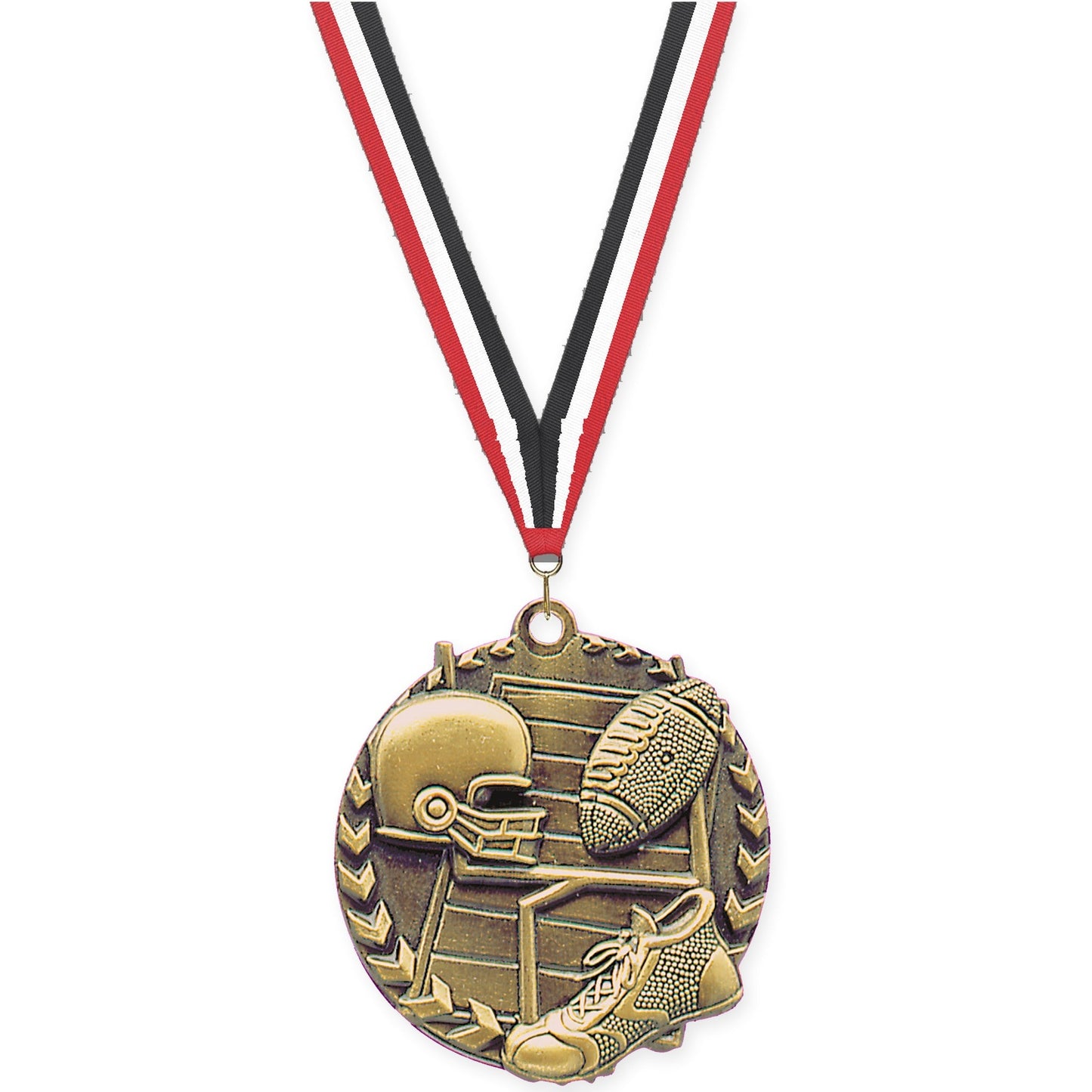 1 3/4 inch football Millennium medal in bright gold with Red White Black neck ribbon