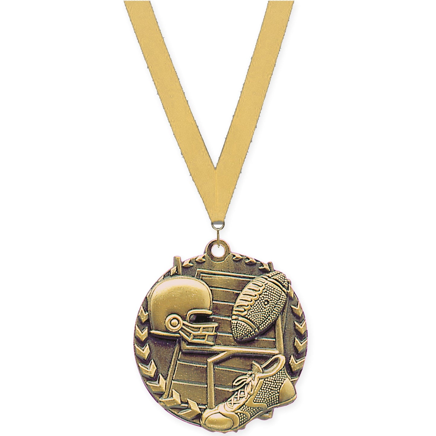 1 3/4 inch football Millennium medal in bright gold with Gold Metallic neck ribbon