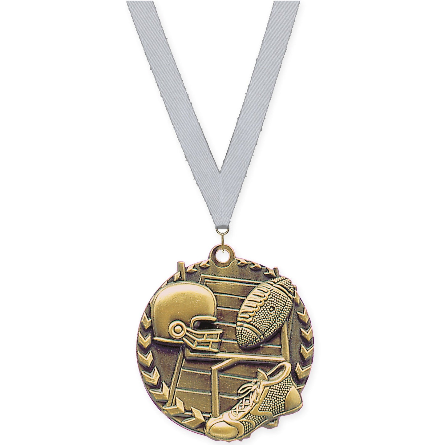 1 3/4 inch football Millennium medal in bright gold with Silver Metallic neck ribbon