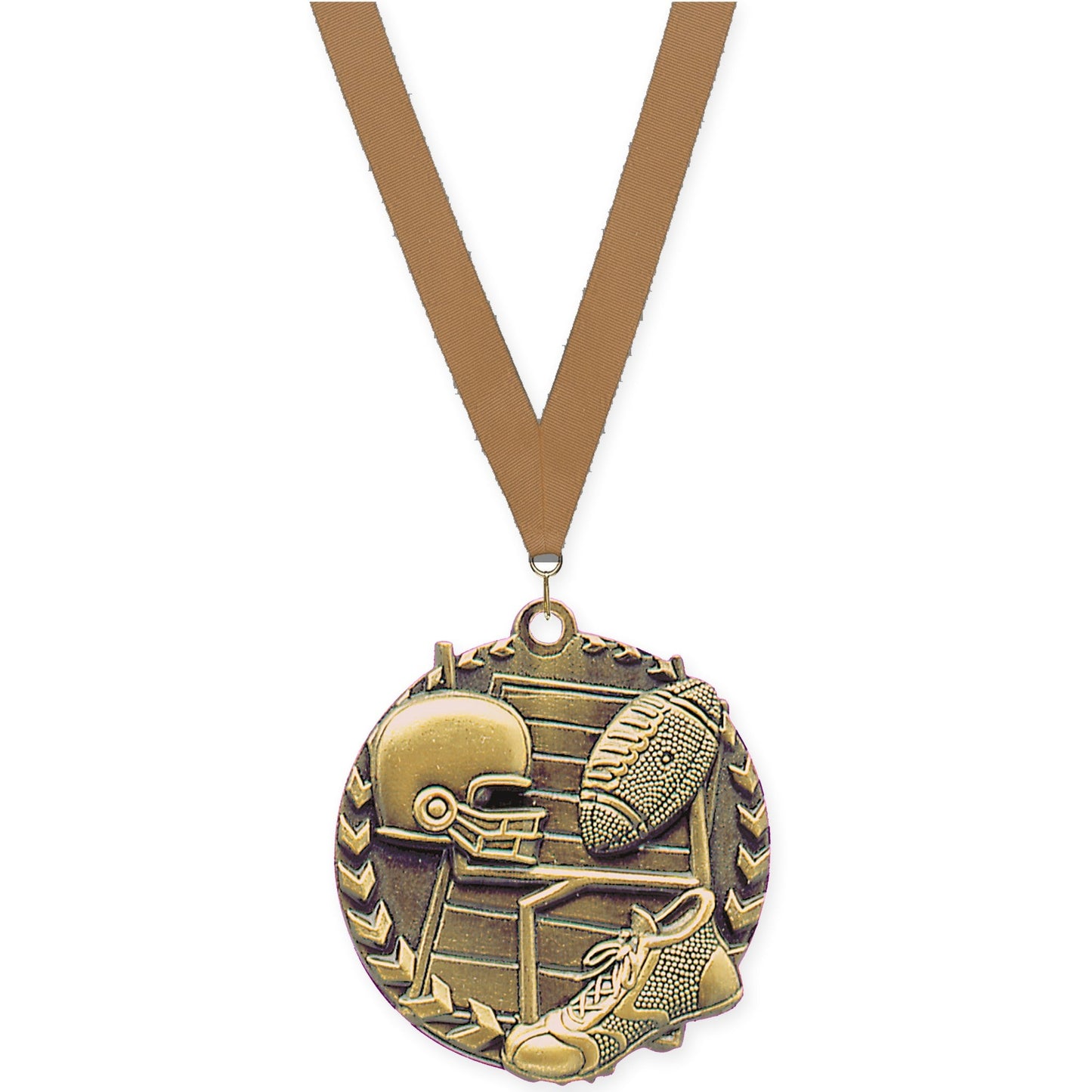 1 3/4 inch football Millennium medal in bright gold with Bronze Metallic neck ribbon