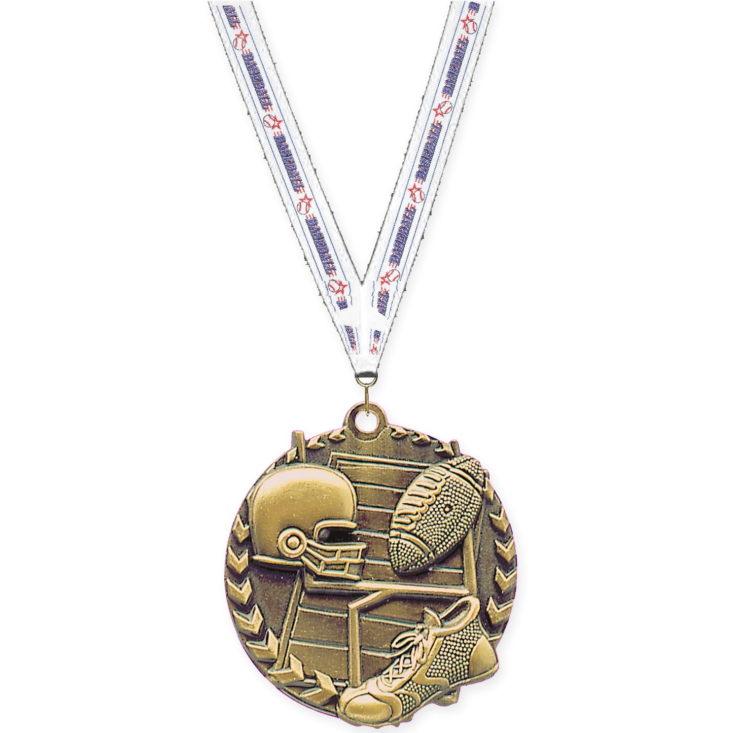 1 3/4 inch football Millennium medal in bright gold with Baseball neck ribbon
