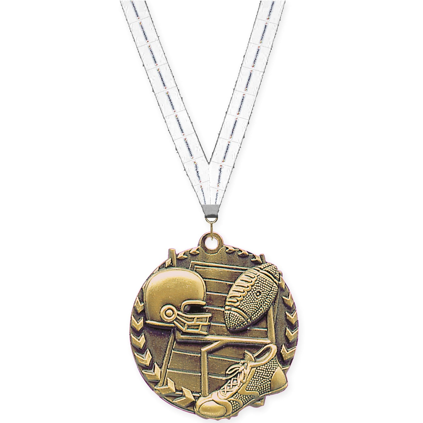 1 3/4 inch football Millennium medal in bright gold with Lamp Of Knowledge neck ribbon