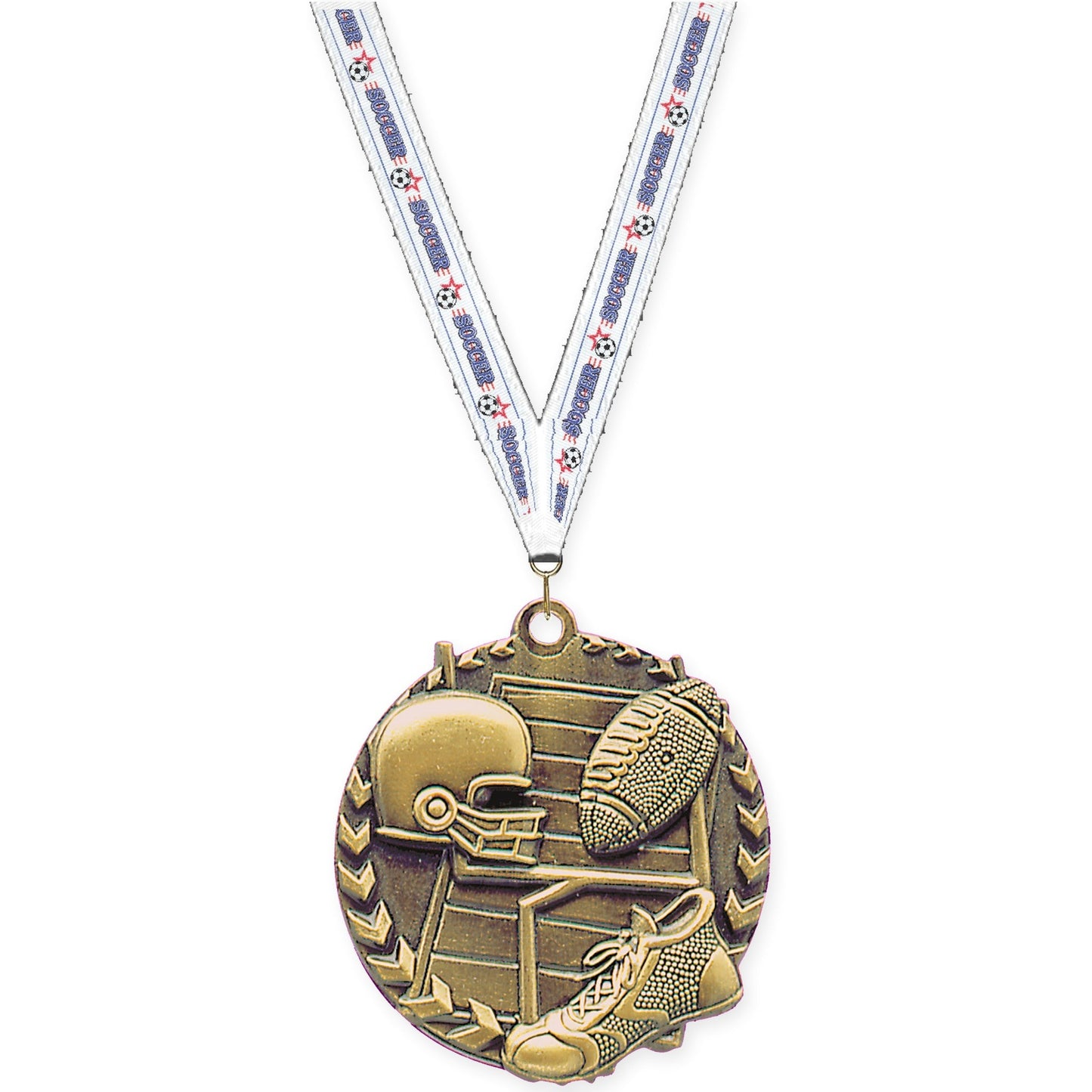1 3/4 inch football Millennium medal in bright gold with Soccer neck ribbon