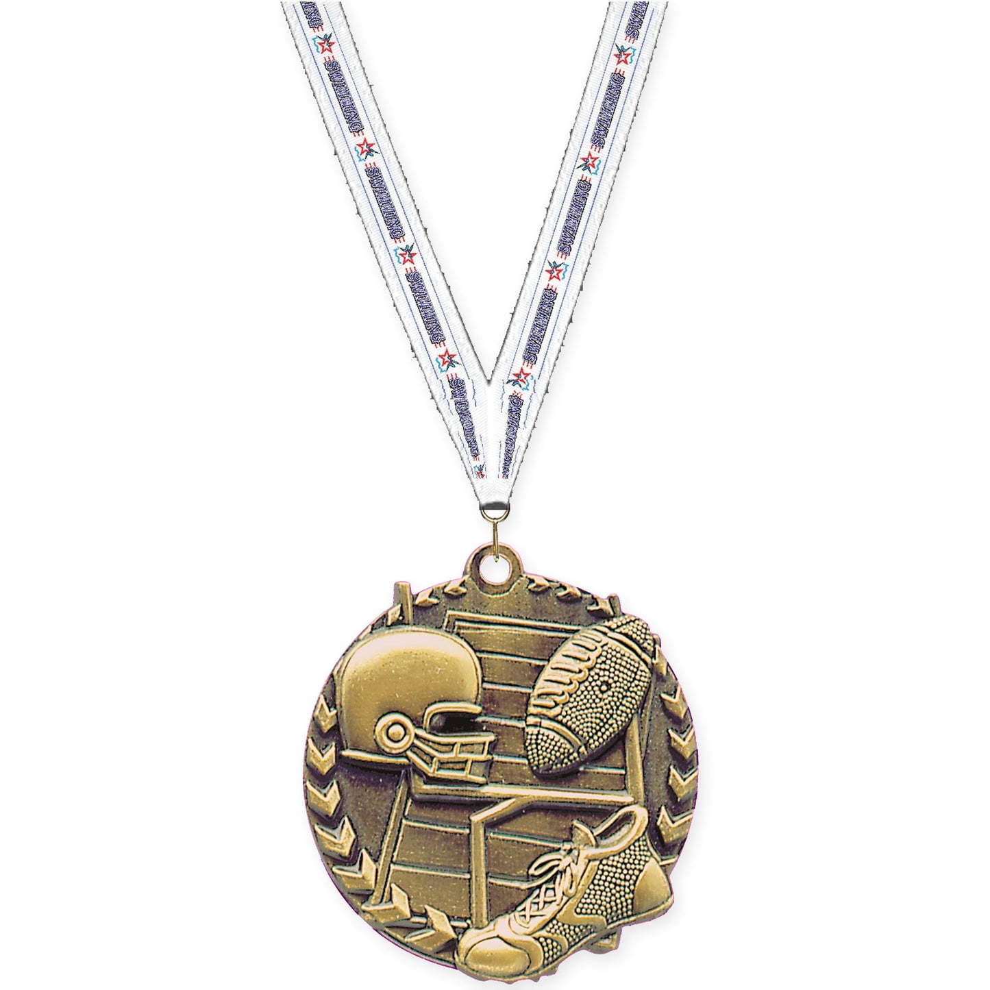 1 3/4 inch football Millennium medal in bright gold with Swimming neck ribbon