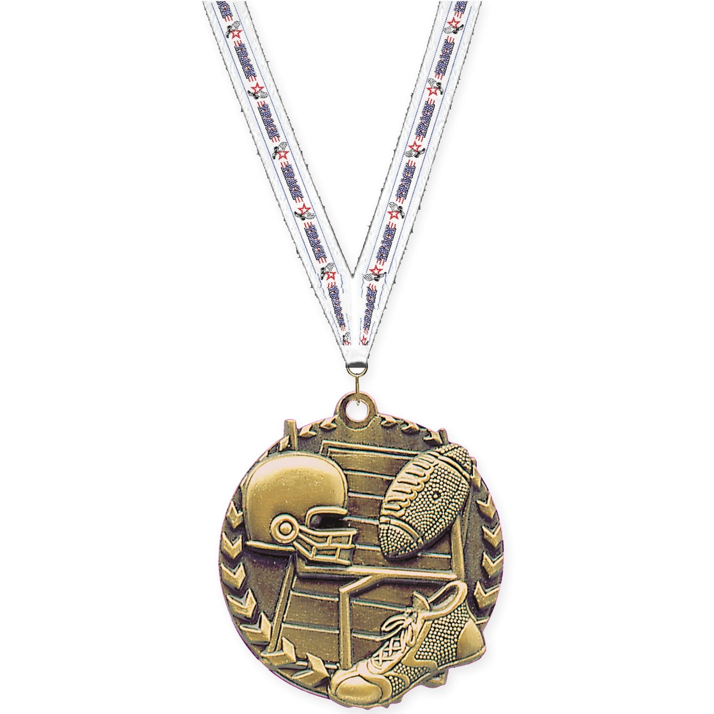 1 3/4 inch football Millennium medal in bright gold with Track neck ribbon