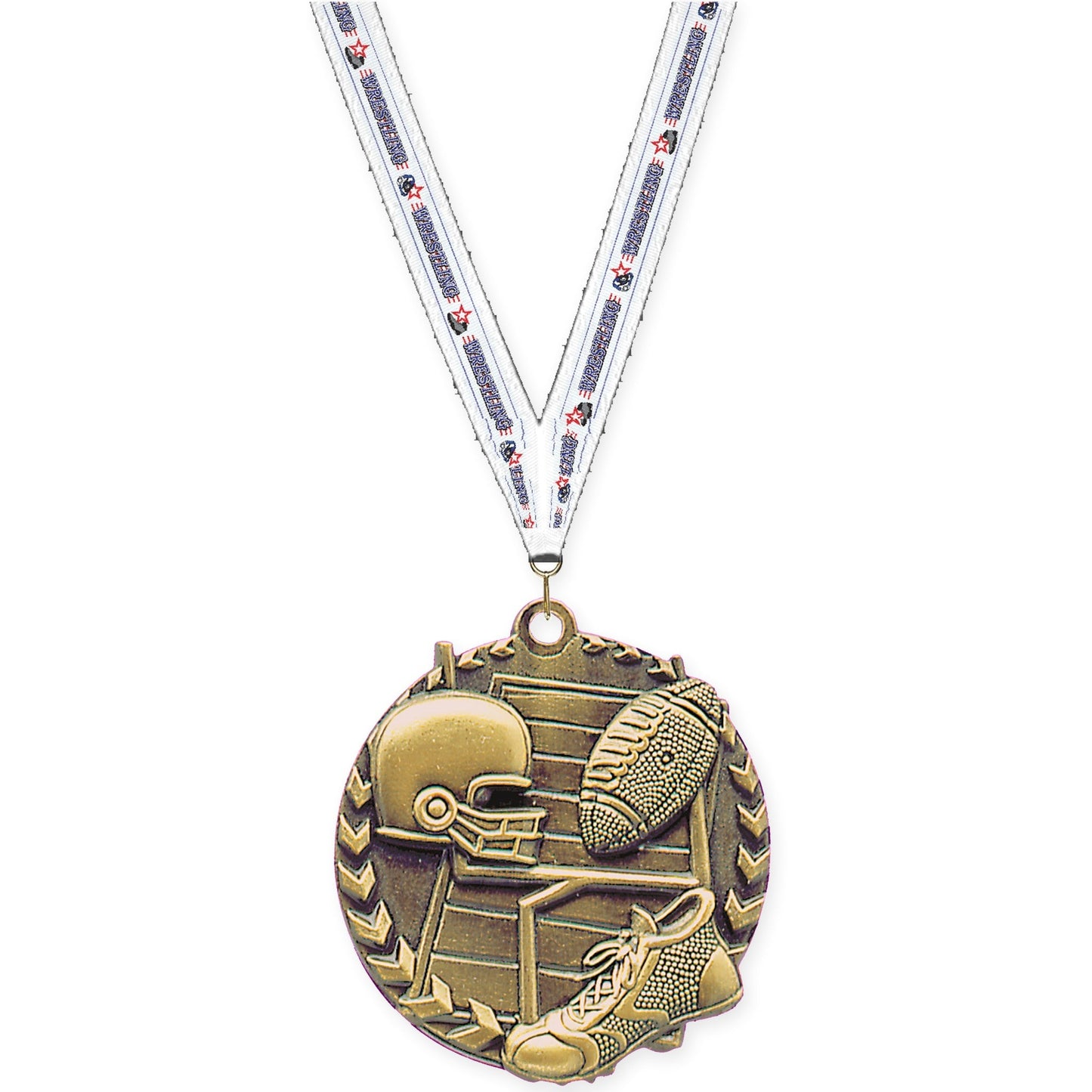 1 3/4 inch football Millennium medal in bright gold with Wrestling neck ribbon