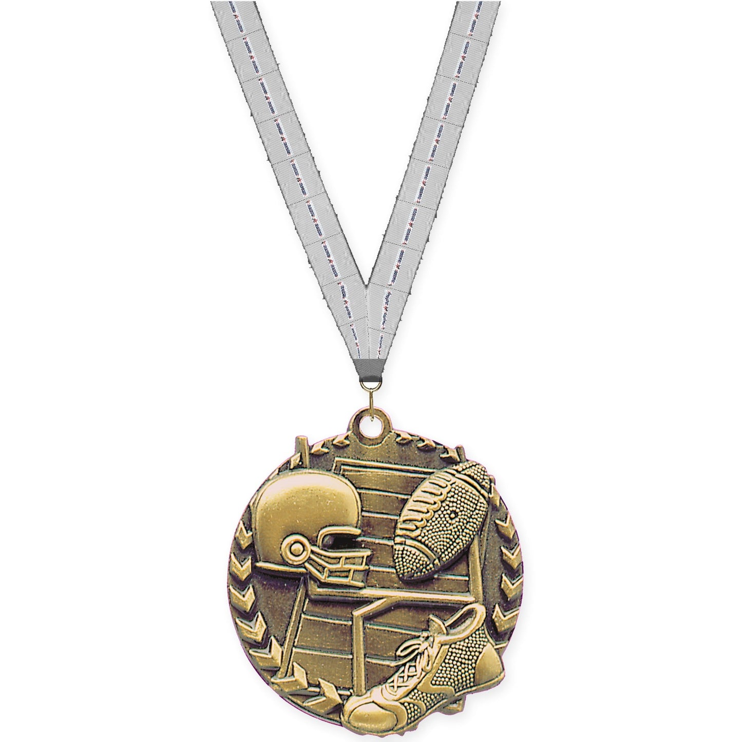 1 3/4 inch football Millennium medal in bright gold with Auto Racing neck ribbon