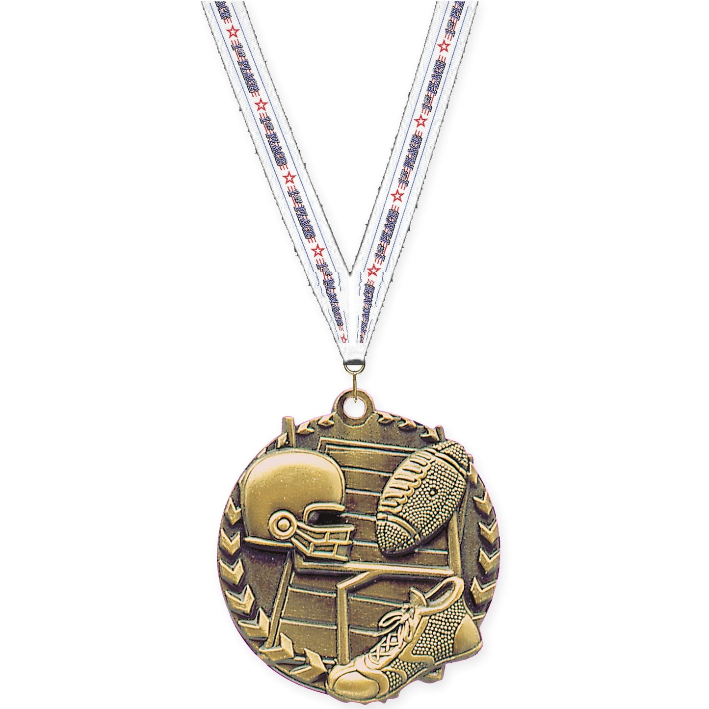 1 3/4 inch football Millennium medal in bright gold with 1st Place neck ribbon