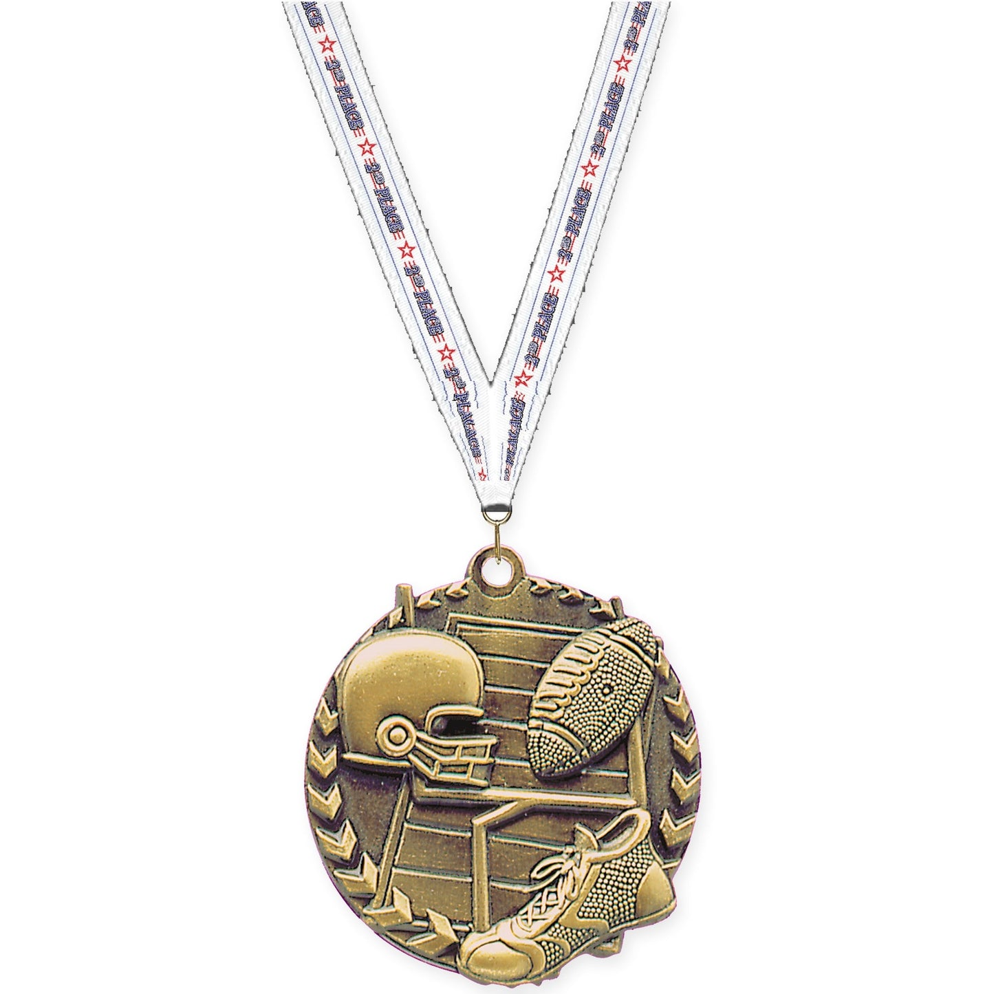 1 3/4 inch football Millennium medal in bright gold with 2nd Place neck ribbon