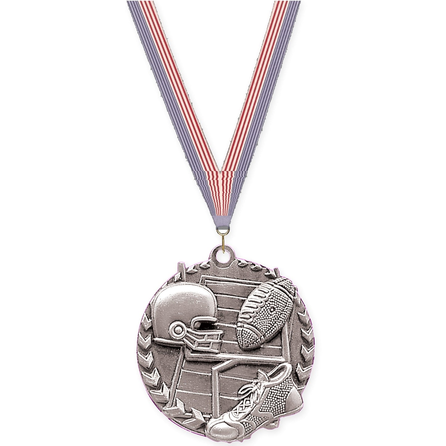 1 3/4 inch football Millennium medal in bright silver with USA Flag neck ribbon