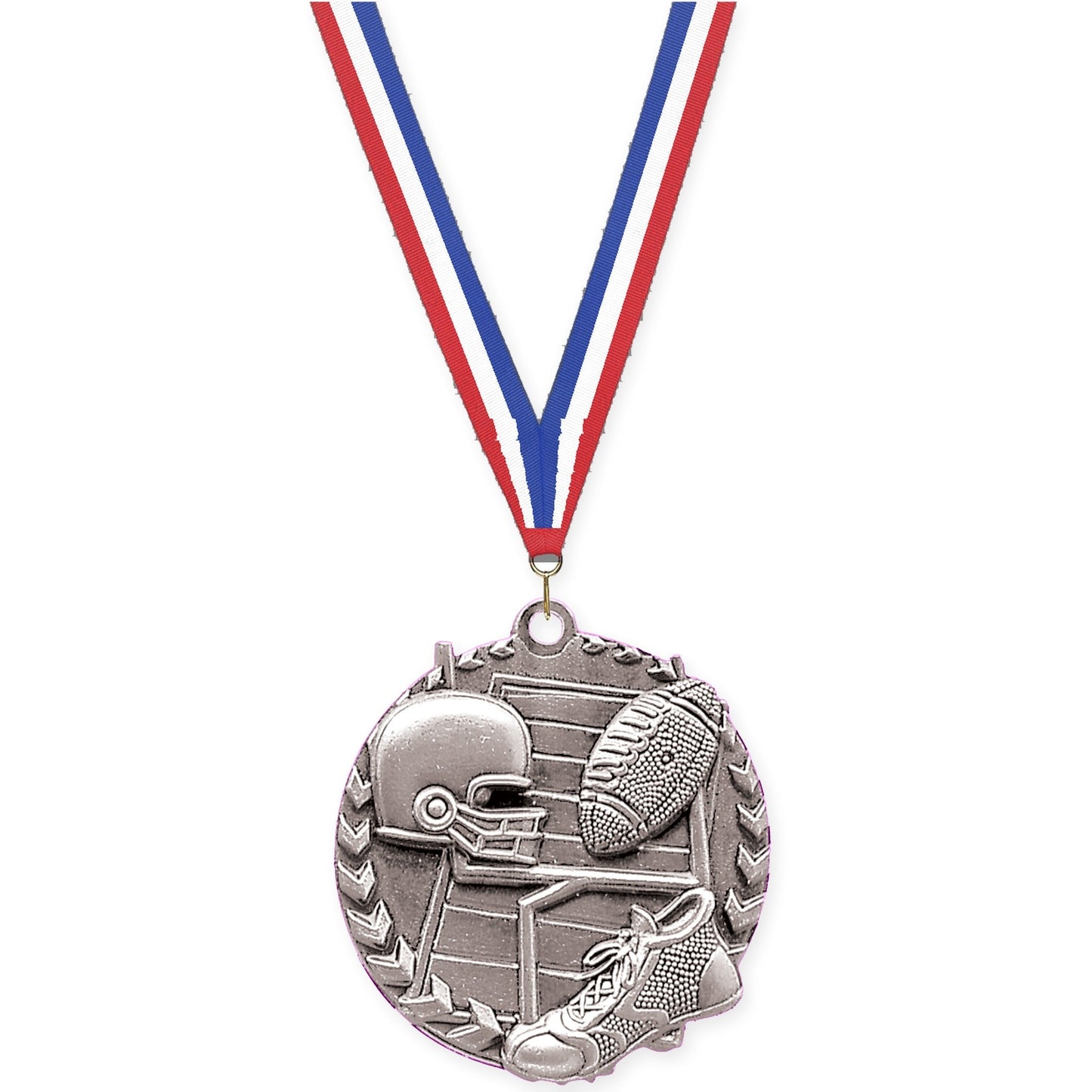 1 3/4 inch football Millennium medal in bright silver with Red White Blue neck ribbon