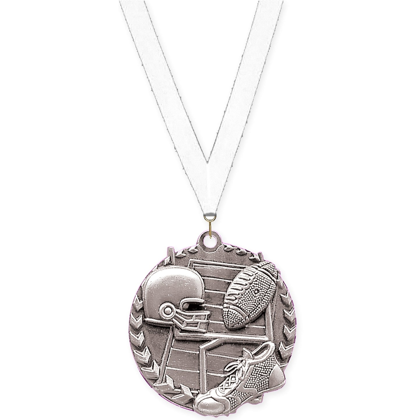 1 3/4 inch football Millennium medal in bright silver with White neck ribbon