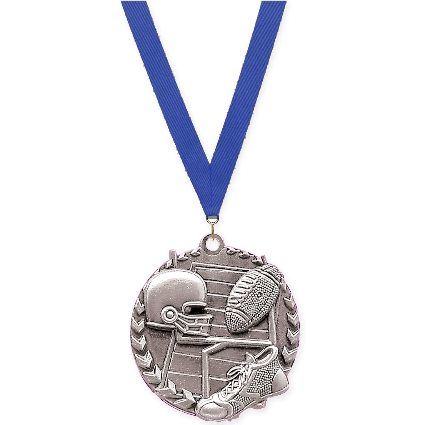 1 3/4 inch football Millennium medal in bright silver with Blue neck ribbon
