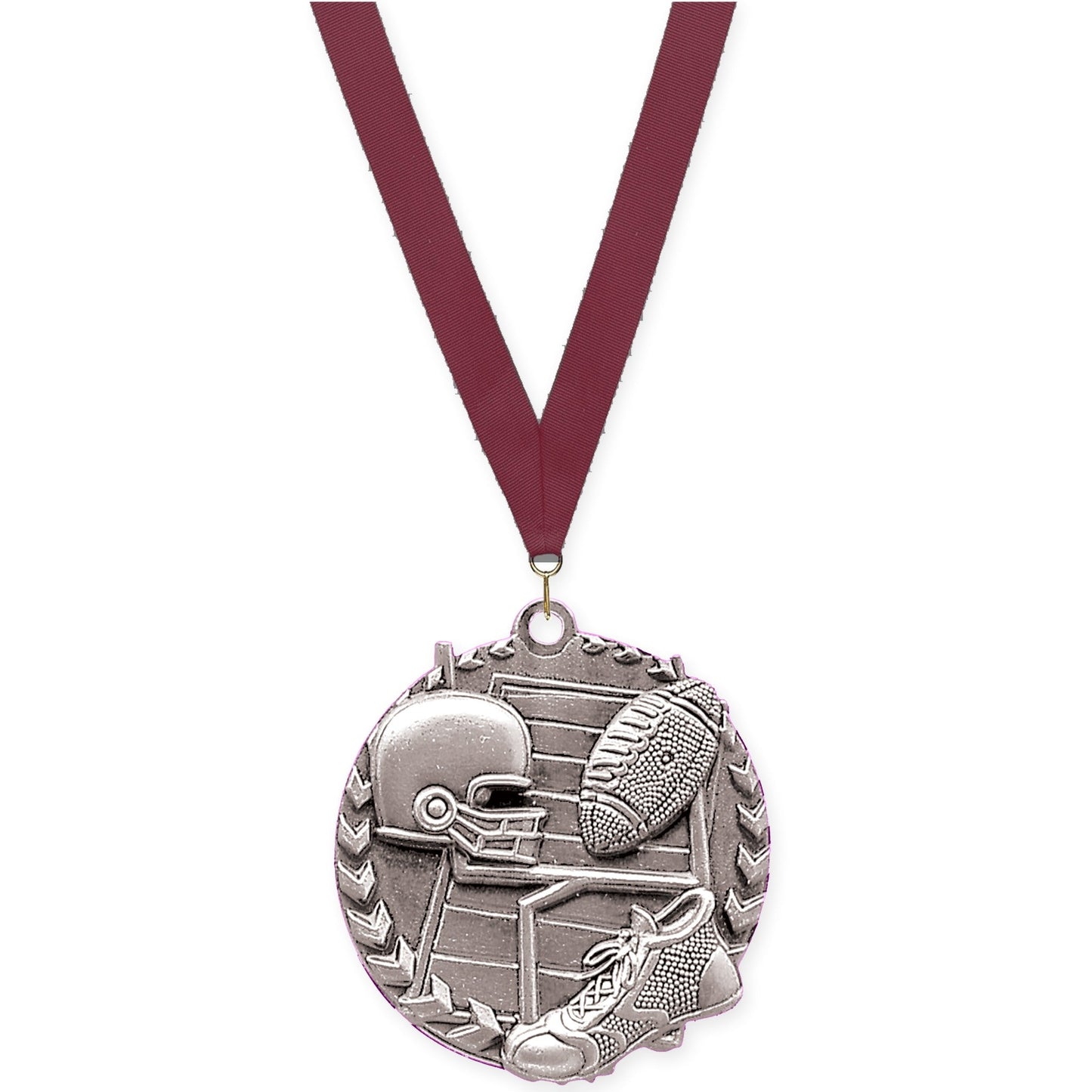 1 3/4 inch football Millennium medal in bright silver with Maroon neck ribbon