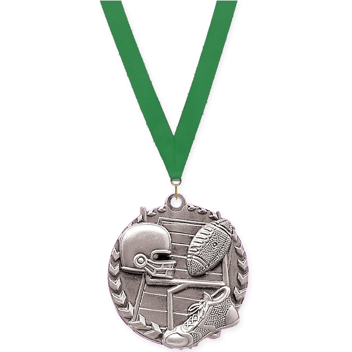 1 3/4 inch football Millennium medal in bright silver with Green neck ribbon