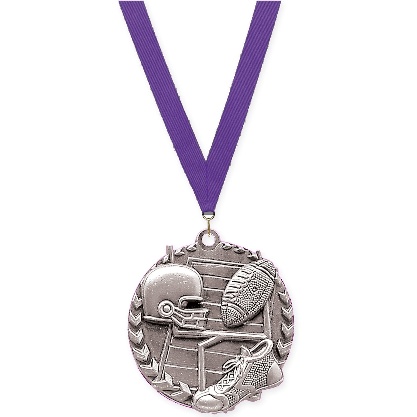 1 3/4 inch football Millennium medal in bright silver with Purple neck ribbon