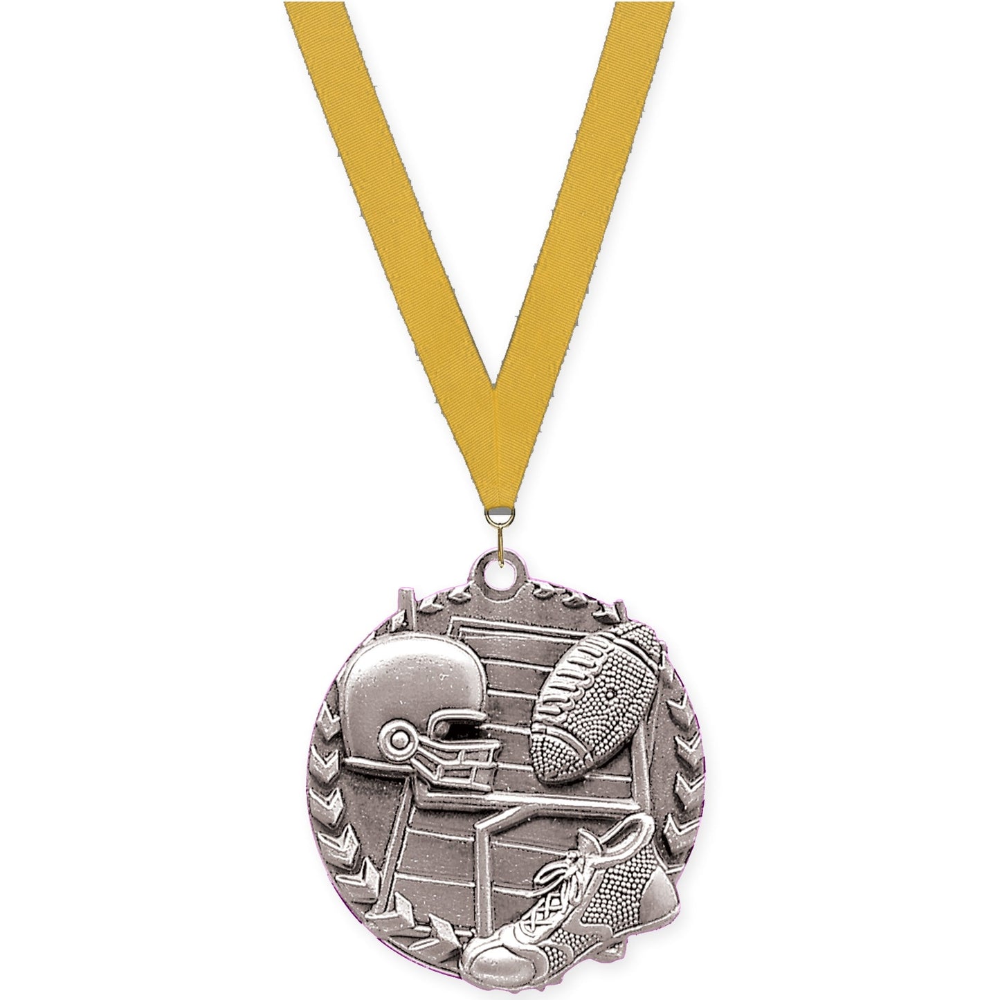 1 3/4 inch football Millennium medal in bright silver with Gold neck ribbon