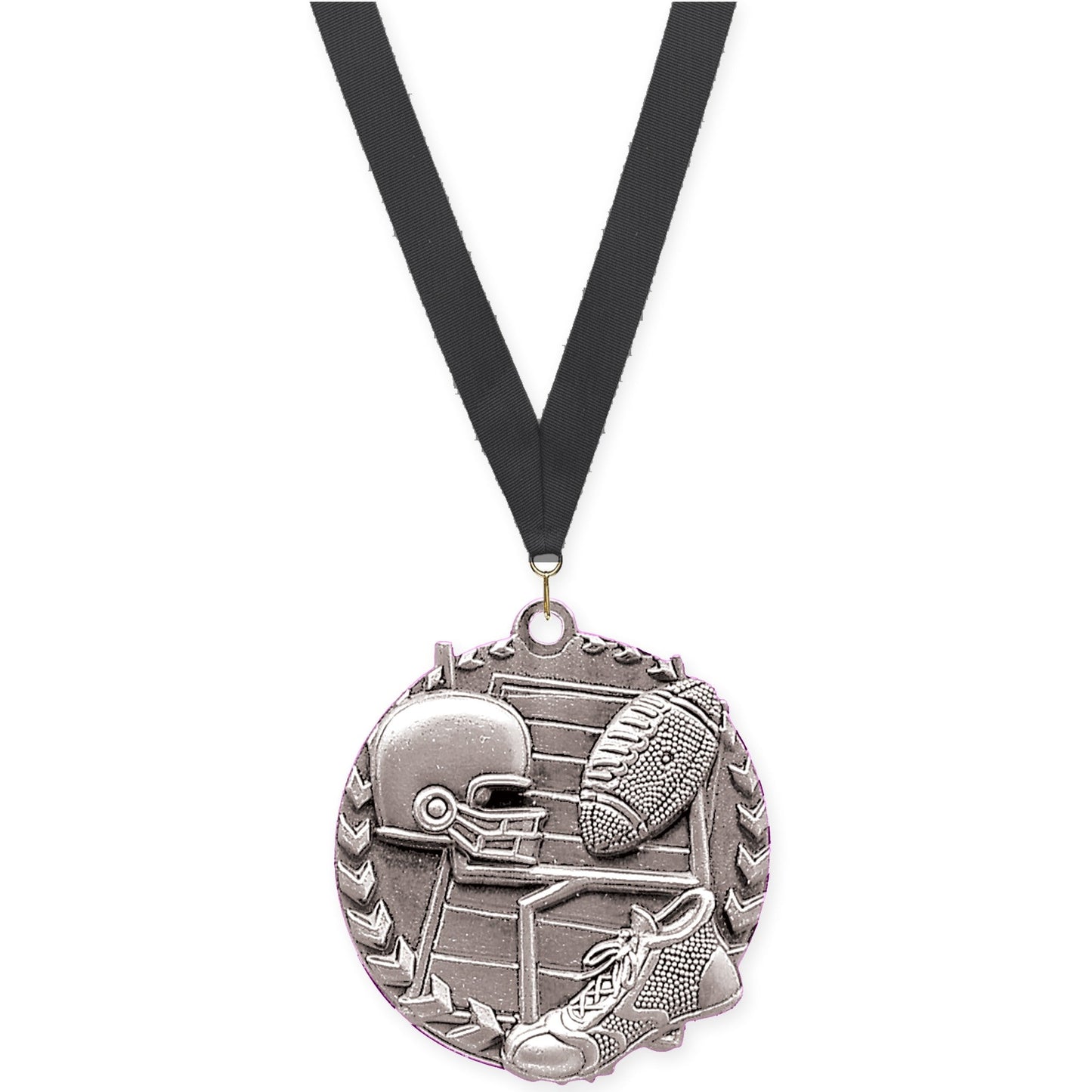 1 3/4 inch football Millennium medal in bright silver with Black neck ribbon