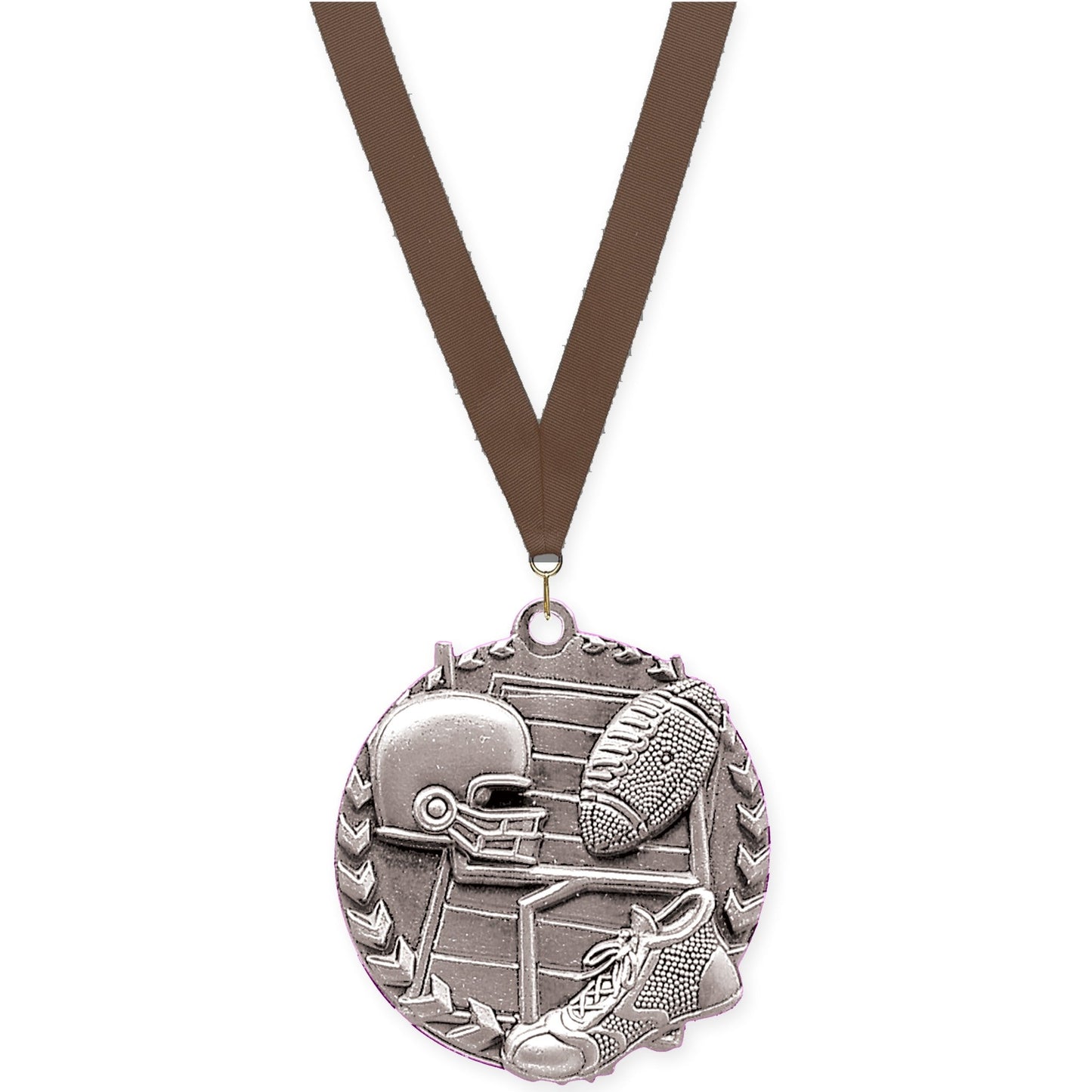 1 3/4 inch football Millennium medal in bright silver with Brown neck ribbon