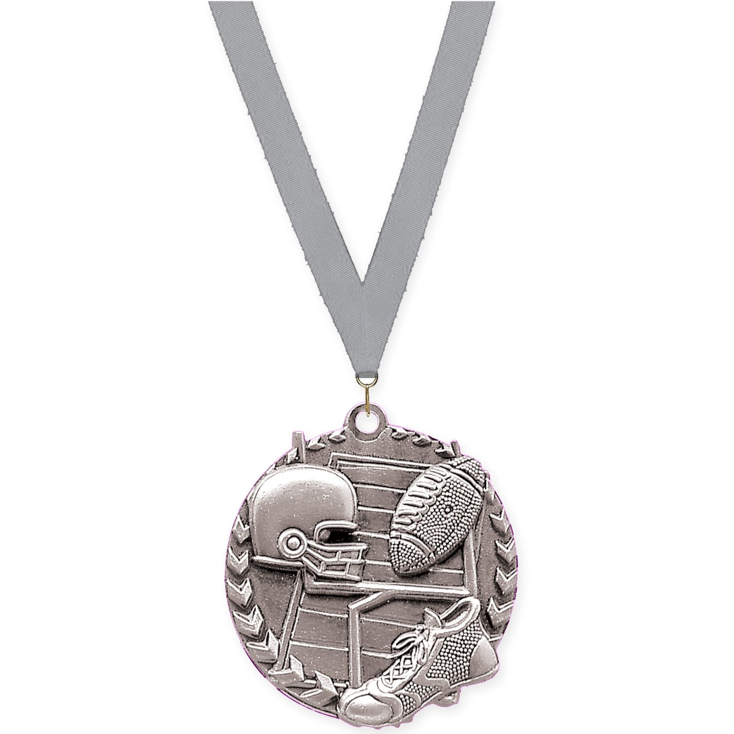 1 3/4 inch football Millennium medal in bright silver with Gray neck ribbon
