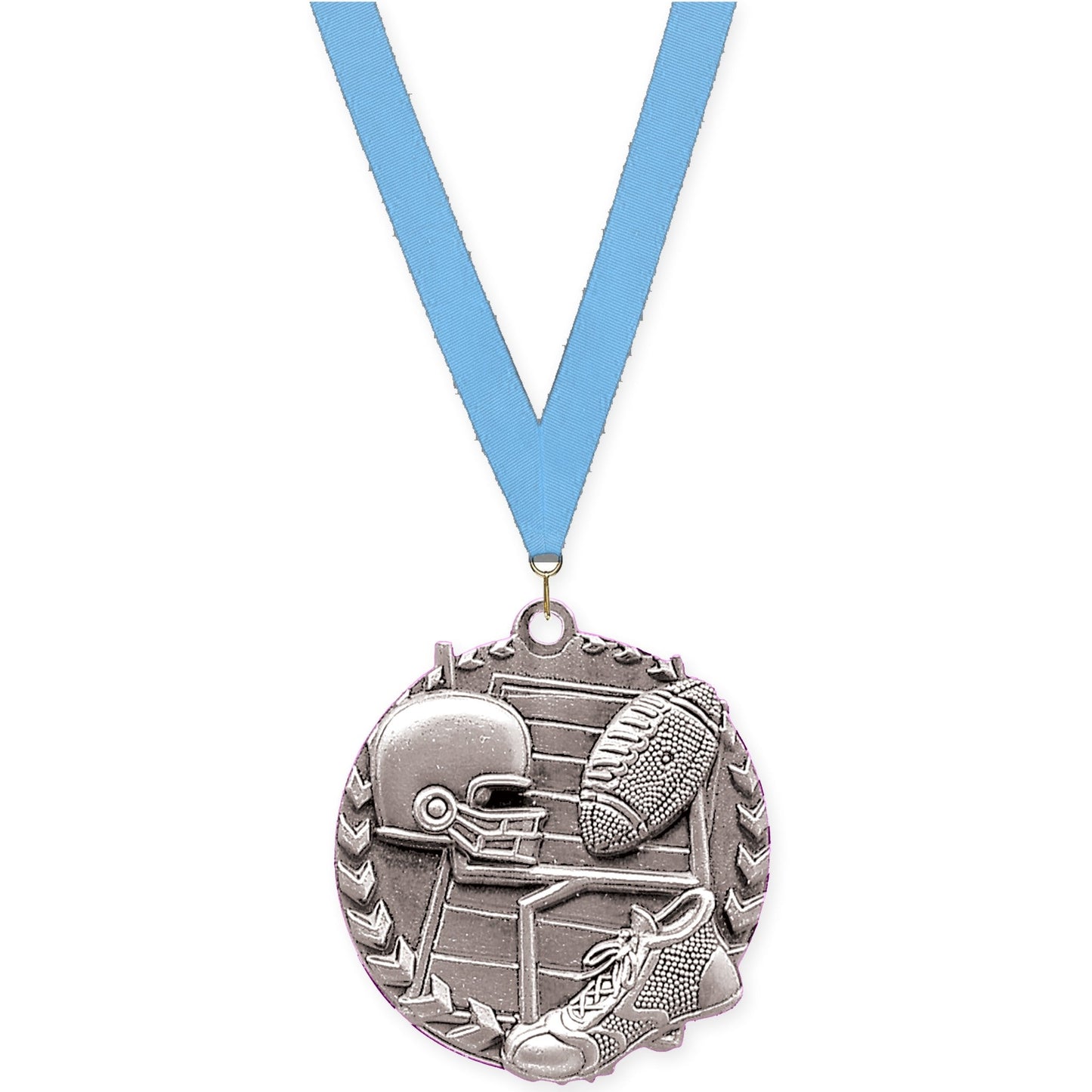 1 3/4 inch football Millennium medal in bright silver with Light Blue neck ribbon