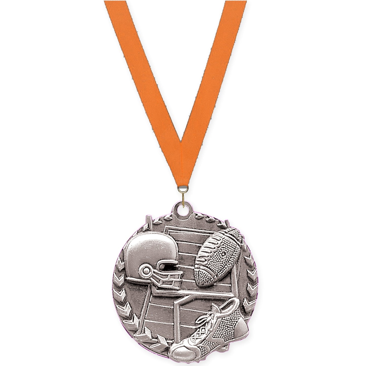 1 3/4 inch football Millennium medal in bright silver with Orange neck ribbon