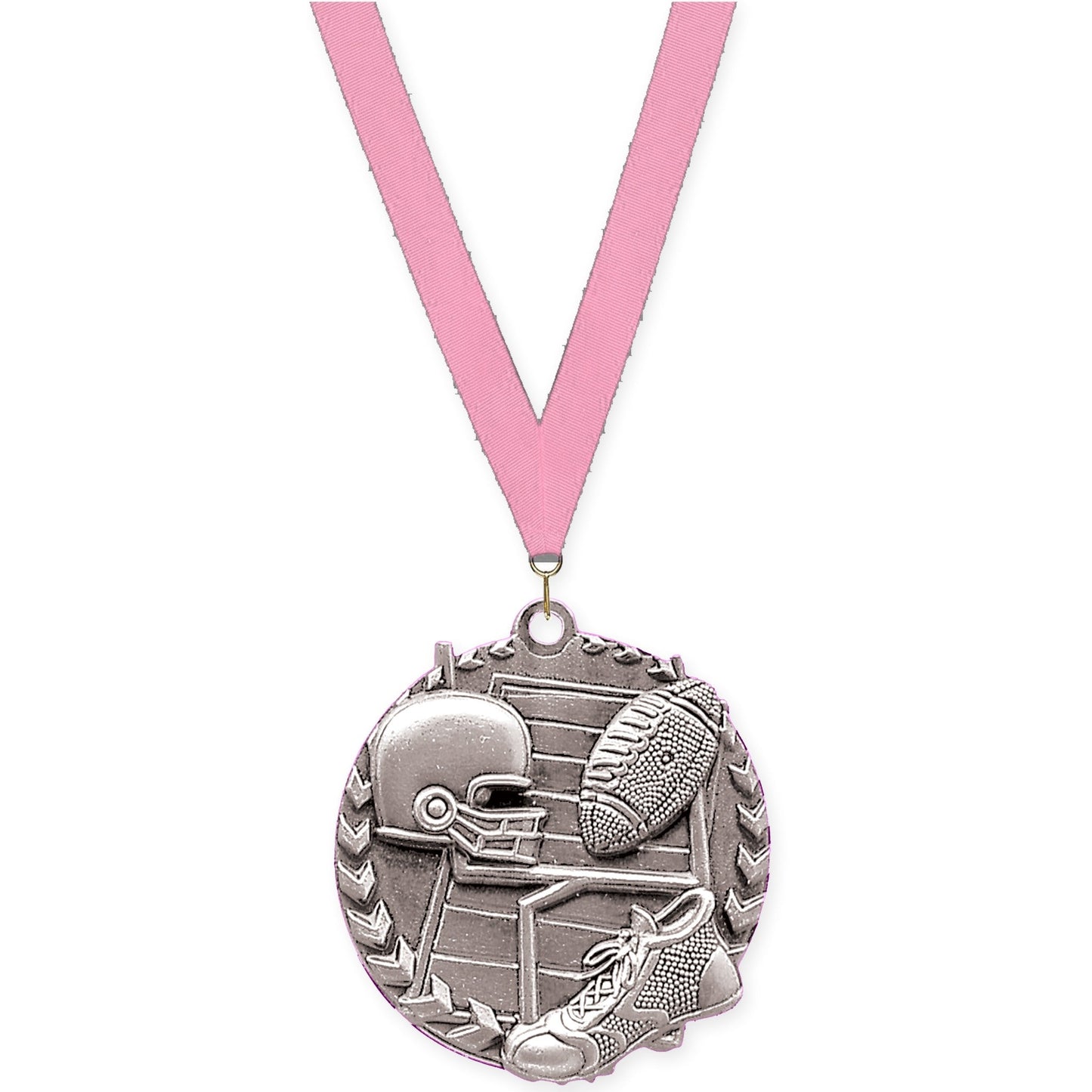 1 3/4 inch football Millennium medal in bright silver with Pink neck ribbon