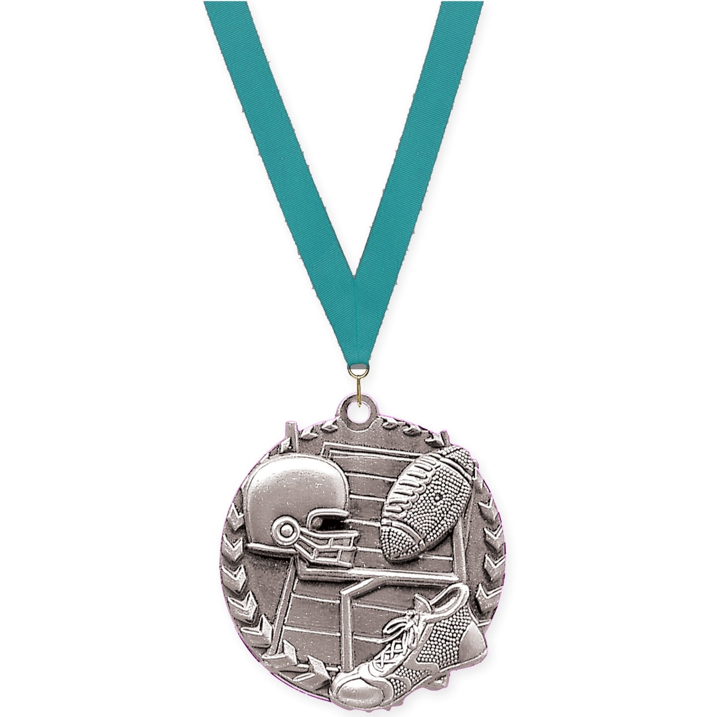 1 3/4 inch football Millennium medal in bright silver with Teal neck ribbon