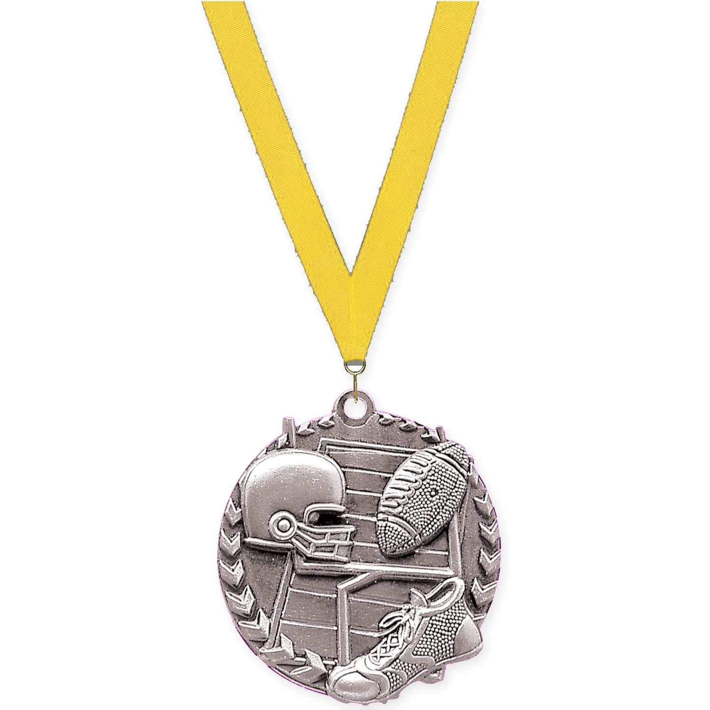 1 3/4 inch football Millennium medal in bright silver with Yellow neck ribbon