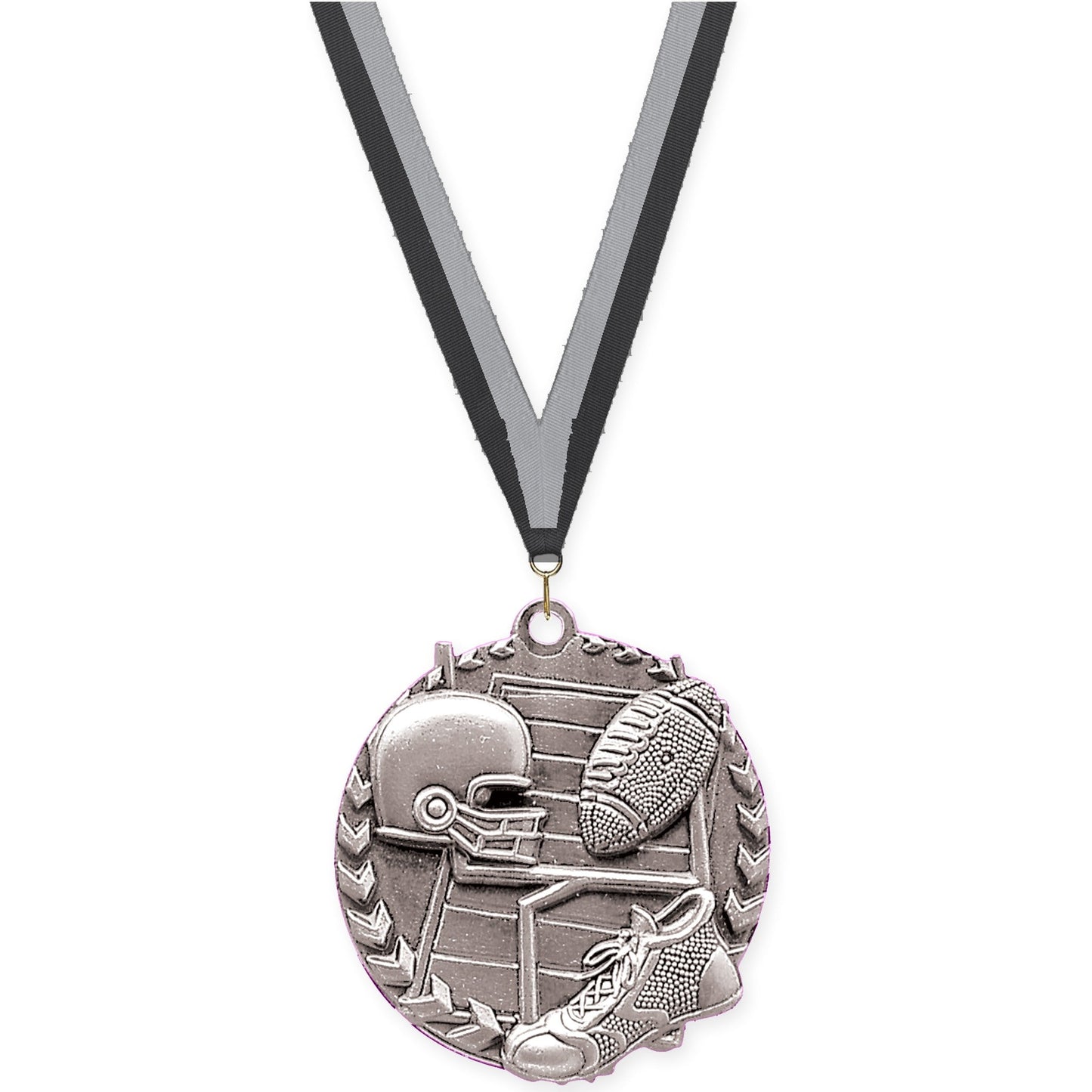 1 3/4 inch football Millennium medal in bright silver with Black Gray neck ribbon