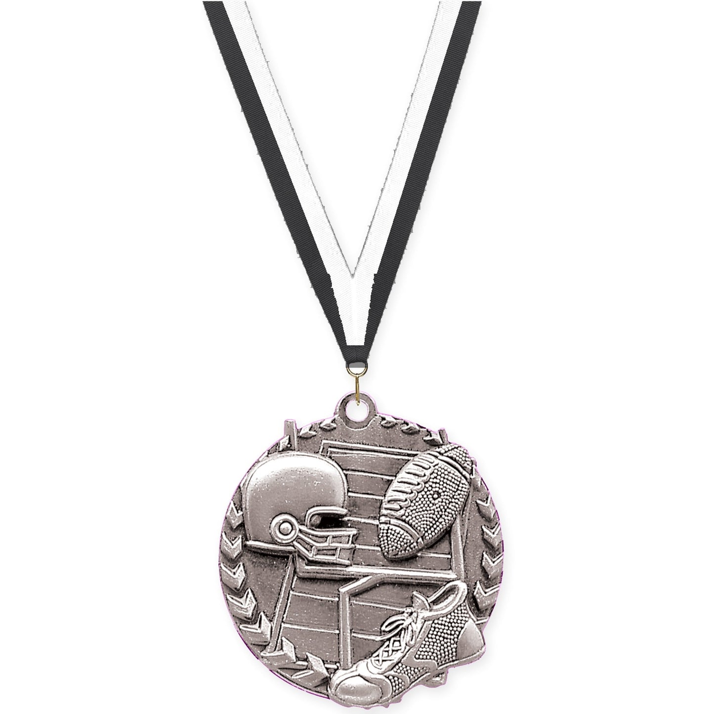 1 3/4 inch football Millennium medal in bright silver with Black White neck ribbon