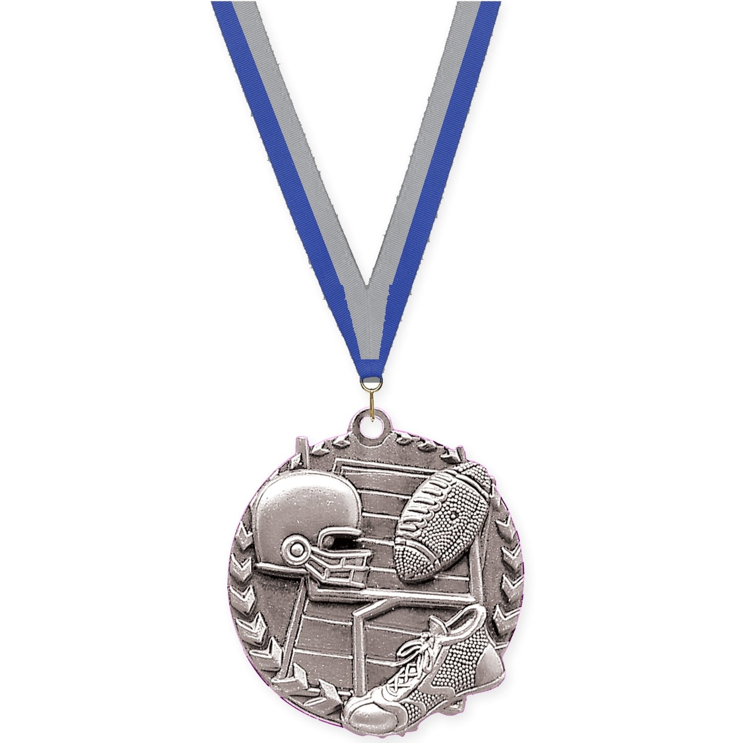 1 3/4 inch football Millennium medal in bright silver with Blue Gray neck ribbon