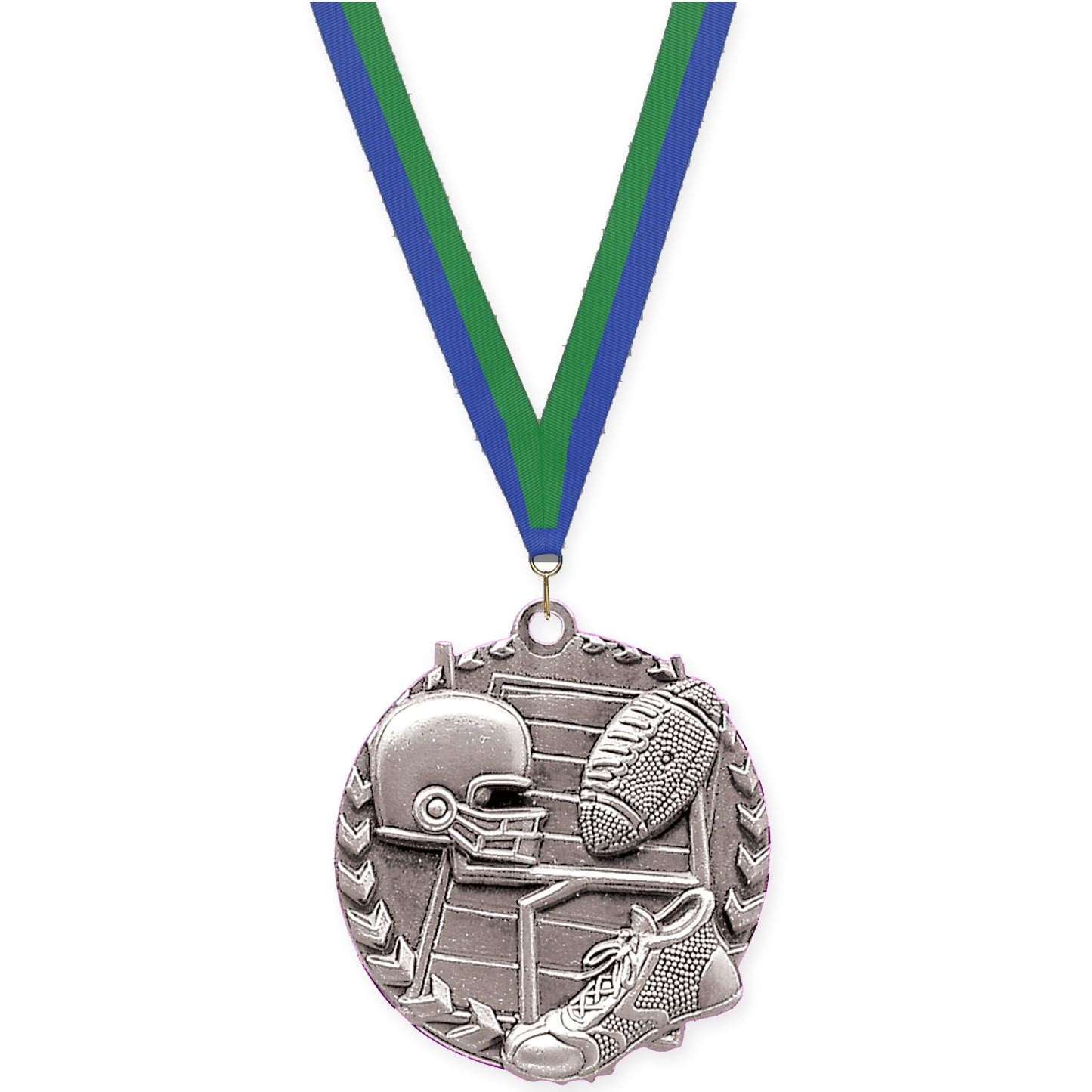 1 3/4 inch football Millennium medal in bright silver with Blue Green neck ribbon