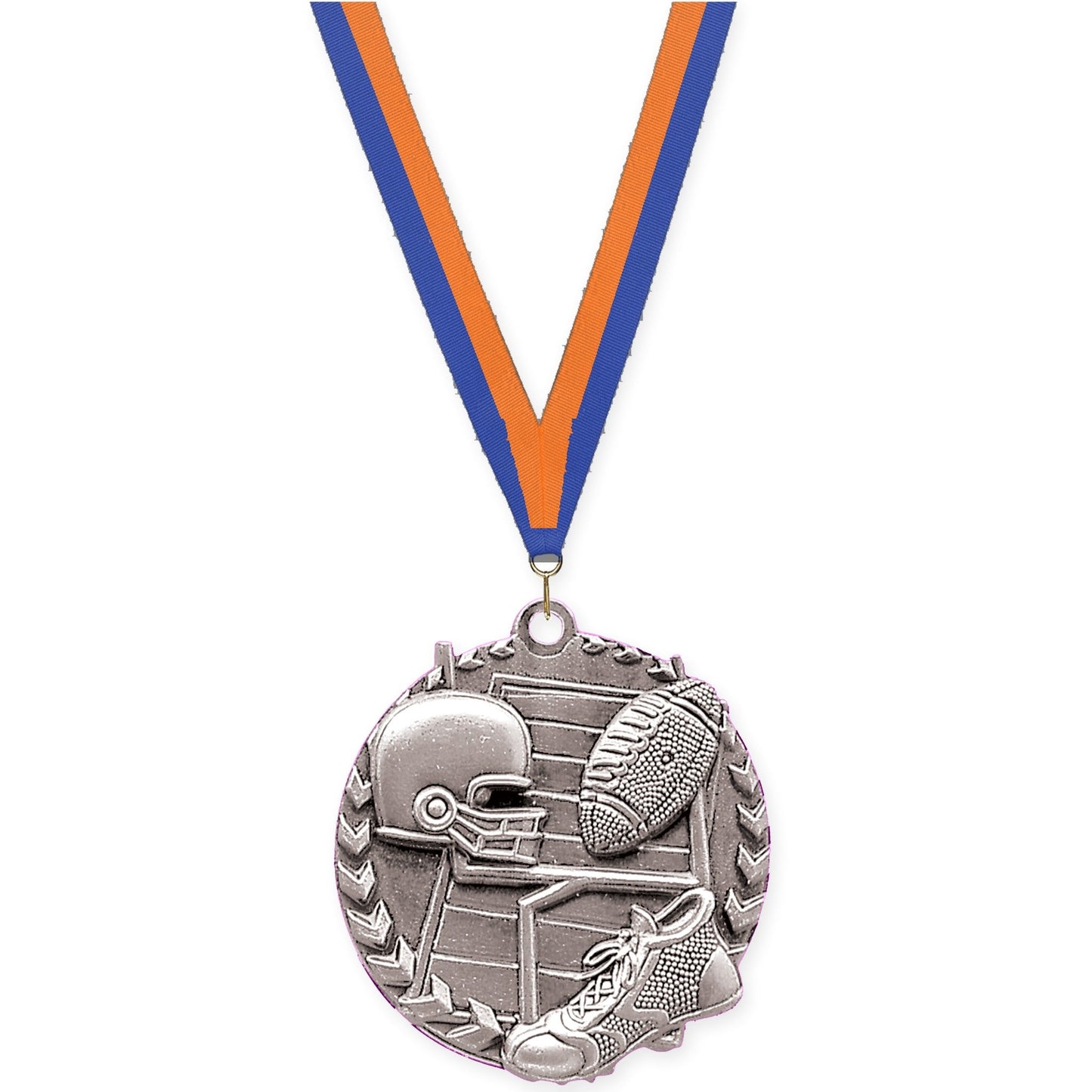 1 3/4 inch football Millennium medal in bright silver with Blue Orange neck ribbon