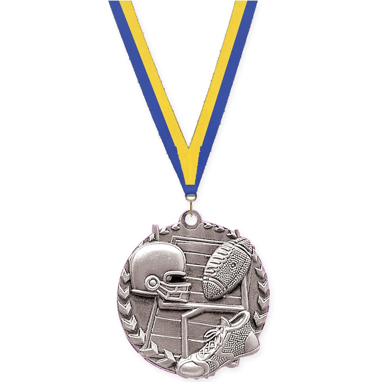 1 3/4 inch football Millennium medal in bright silver with Blue Yellow neck ribbon