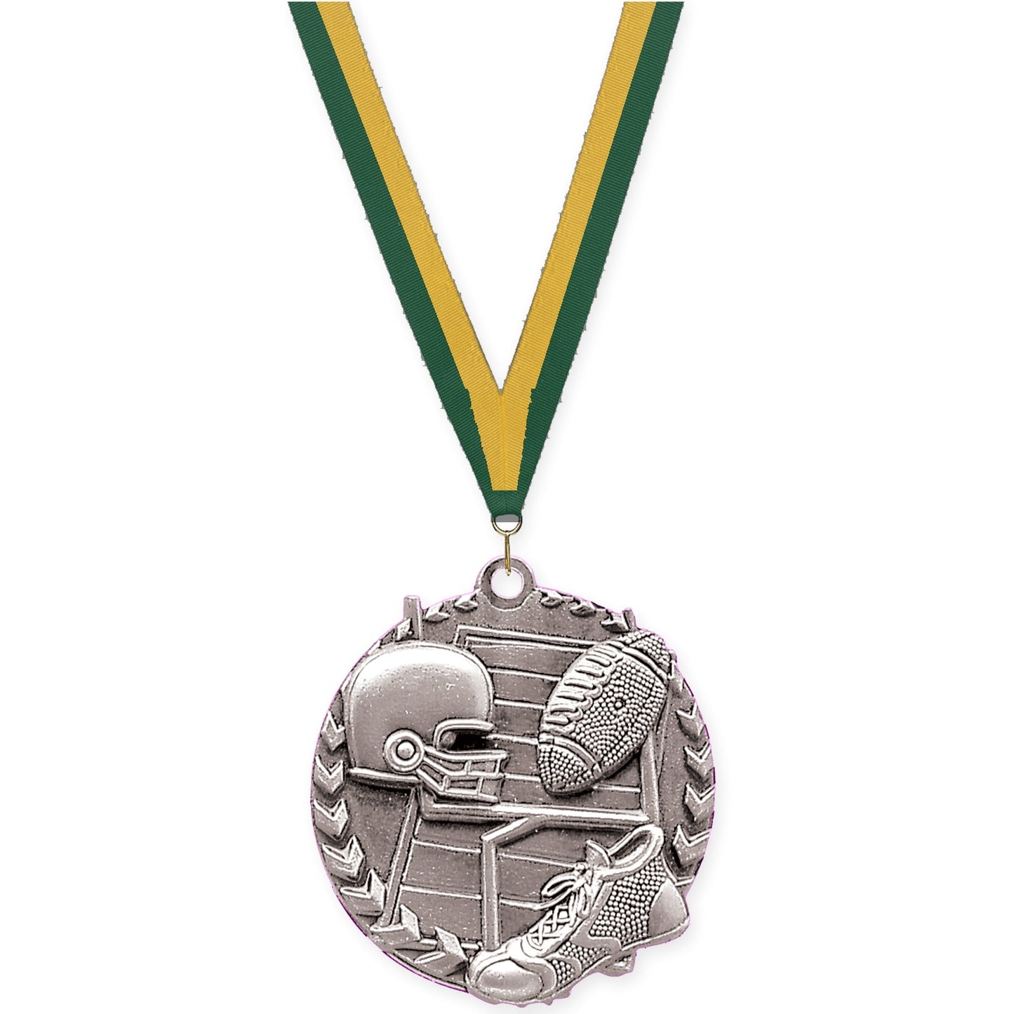 1 3/4 inch football Millennium medal in bright silver with Hunter Green Gold neck ribbon